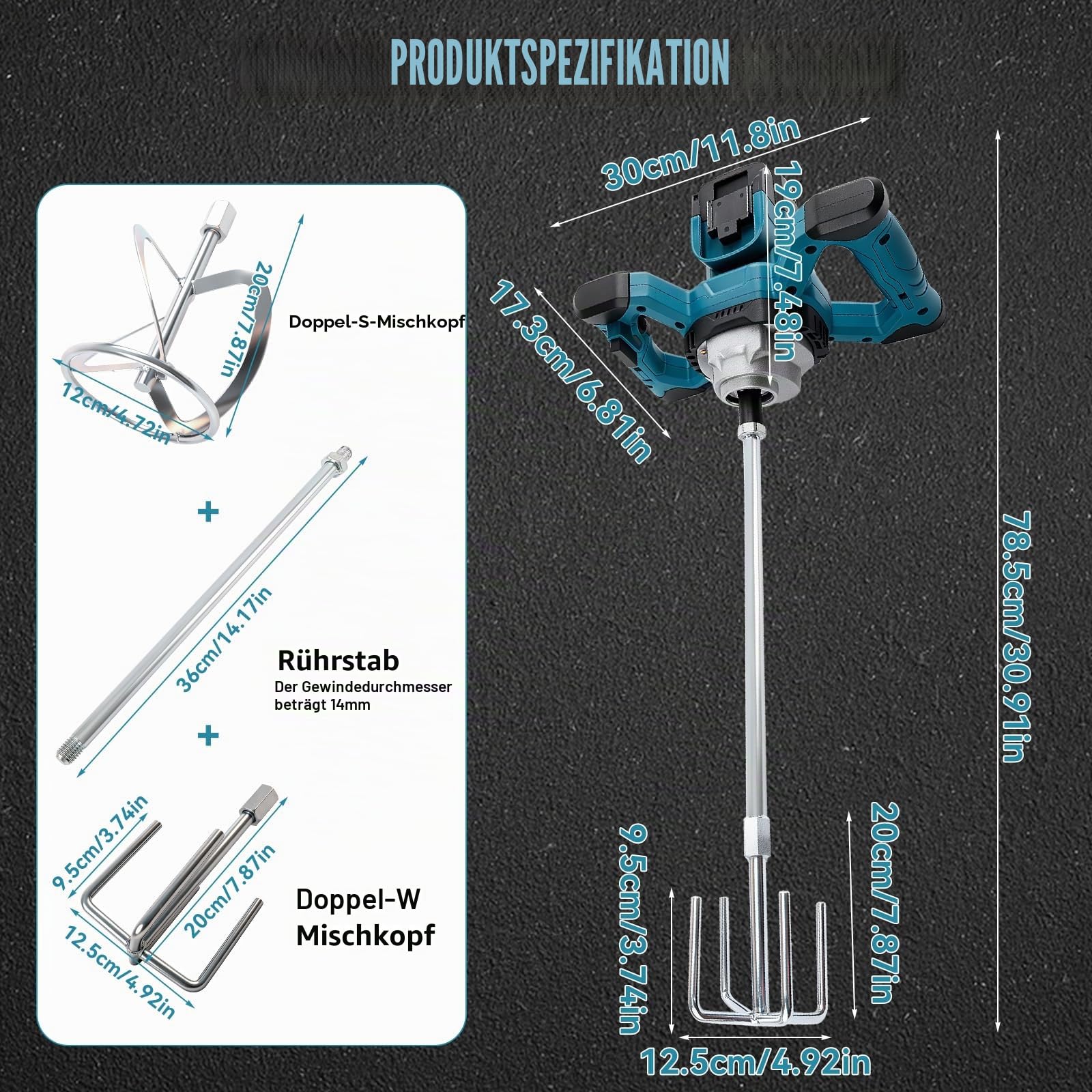 Kabelloser Zementmischer für Makita 18V Akku, Bürstenloser Paddelmischer, 6 Geschwindigkeitsstufen Lackmörtelmischer, Max 680 U/min, Elektrischer Betonrührer zum Mischen von Futtermörtel