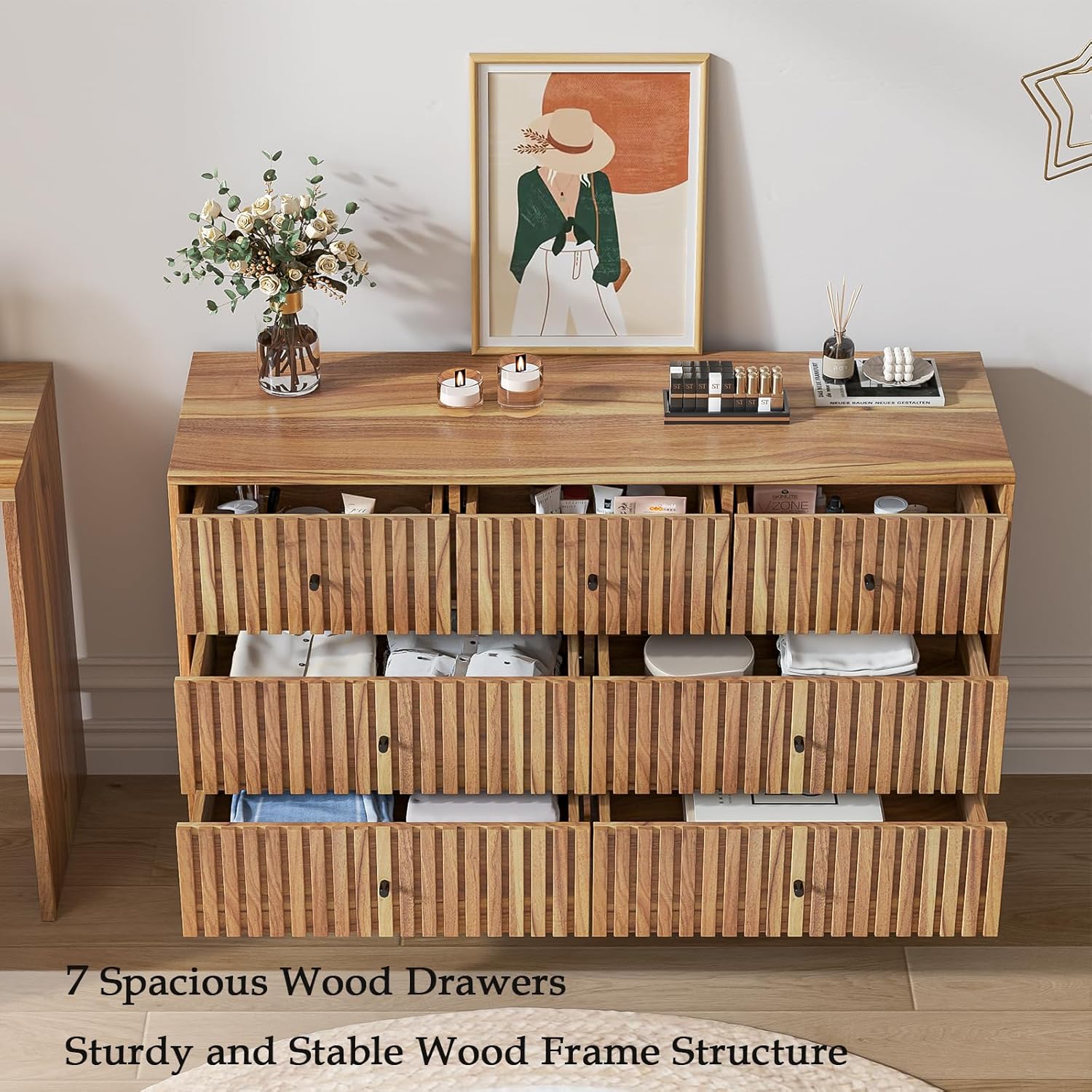 47'' Wide 7 Drawers Dresser for Bedroom, Mid Century Modern Chest of Drawers with Sturdy Legs, Wooden Fluted Dresser for Living Room, Hallway(Walnut)