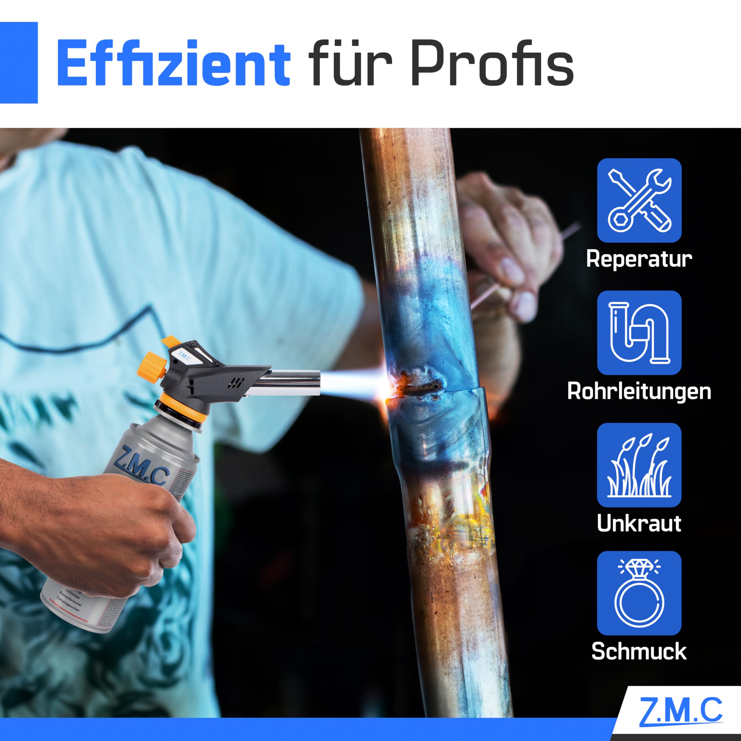 Z.M.C Bruciatore a gas 1,3kW + 12 cartucce gas 227g, bruciatore per fiamma, temperatura fino a 1300°C, becco Bunsen, torcia saldatrice con accensione piezoelettrica, bruciatore da cucina con fiamma