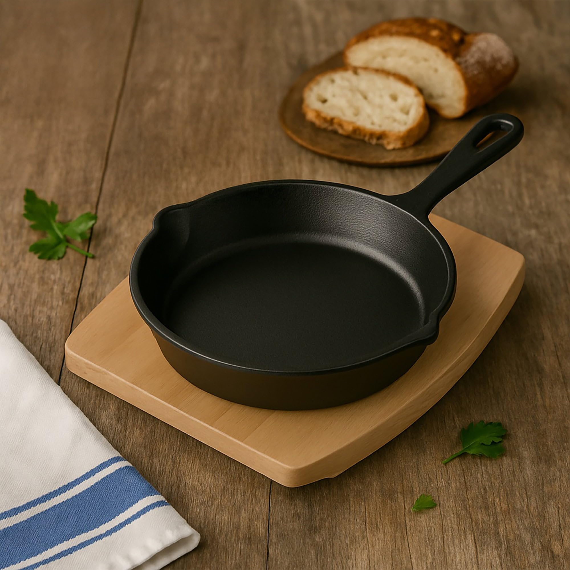Emaillierte Gusseisenpfanne 20 cm, Handgeschmiedete Emaille Pfanne mit zwei Schüttkerben, Antihaft Pfanne geeignet für Backofen Induktion Holzbackofen Grill Feuerstelle, schwarz