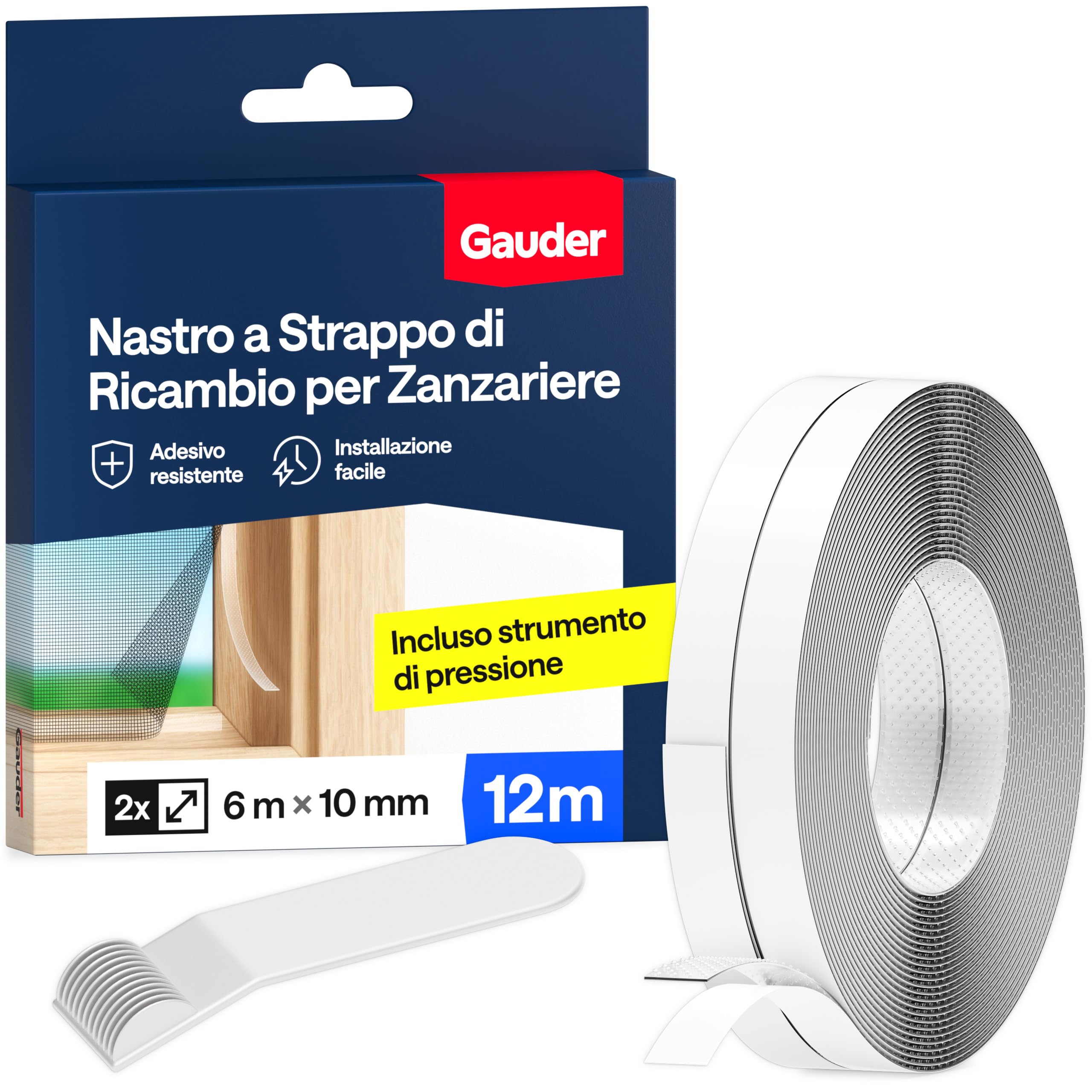 GAUDER Nastro Autoadesivo a Strappo per Zanzariere in Poliestere - Fissaggio Forte per Zanzariera da Finestra - Adesivo Trasparente per Reti Antinsetto e Protezione da Insetti (12 m)