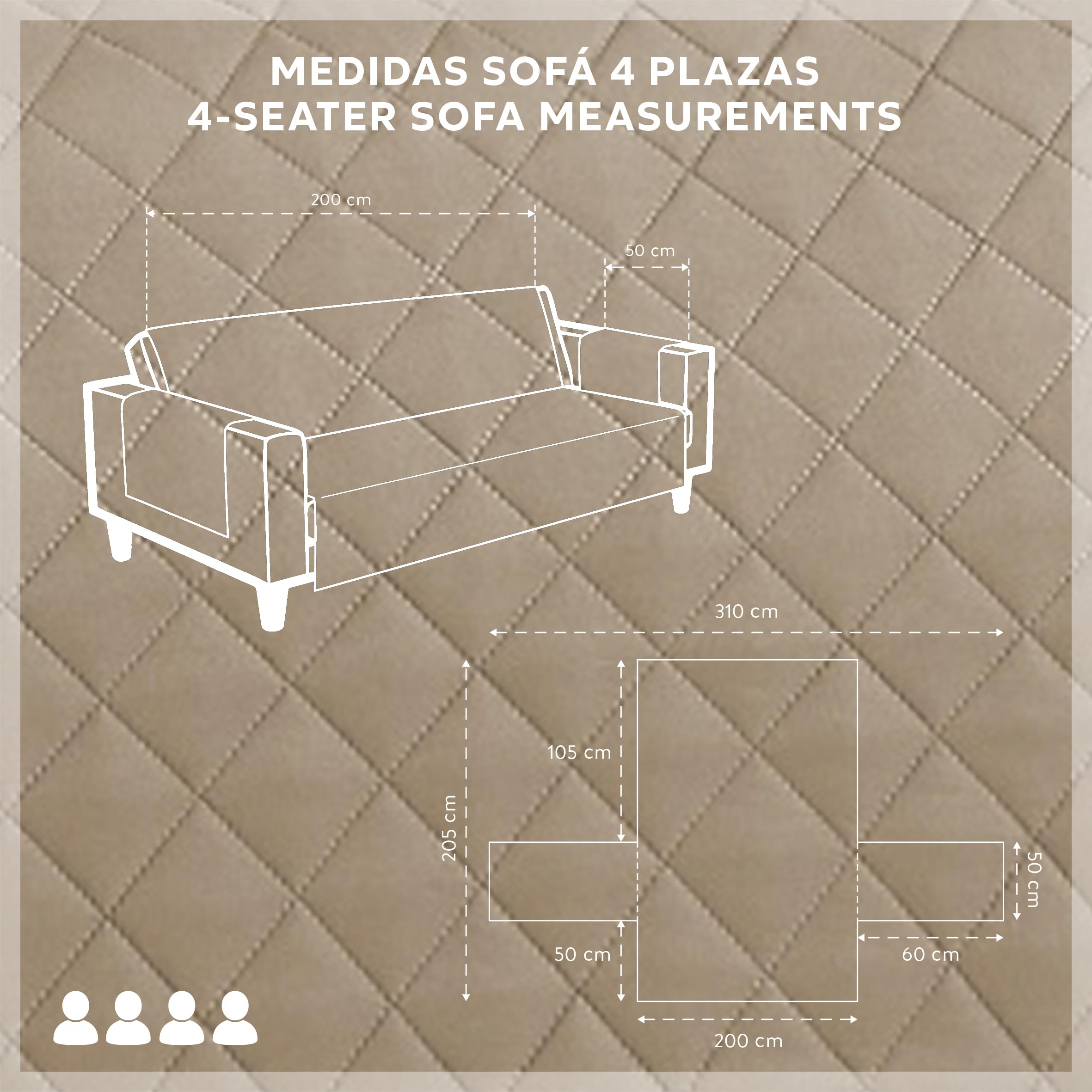 Textilhome Copridivano Malu 4 Posti (200cm) – Salvadivano Trapuntato Reversibile Universale, Protezione Antigraffio, Fodera Imbottita per Divano, Colore Beige