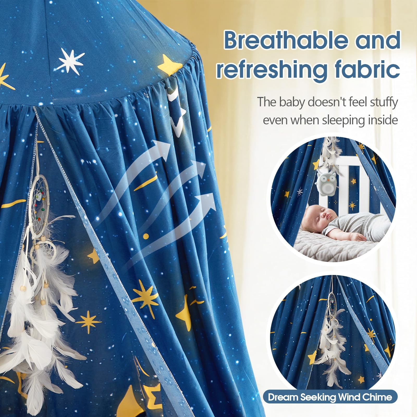 Ytuaebni Canopy Bed Curtains for Kids Bed, Blackout Bed Canopy Princess Room Decor, Bright Star Theme Dreamy Mosquito Net Bedding Decoration Bed Canopies & Drapes with Dream Quest Feather Charm