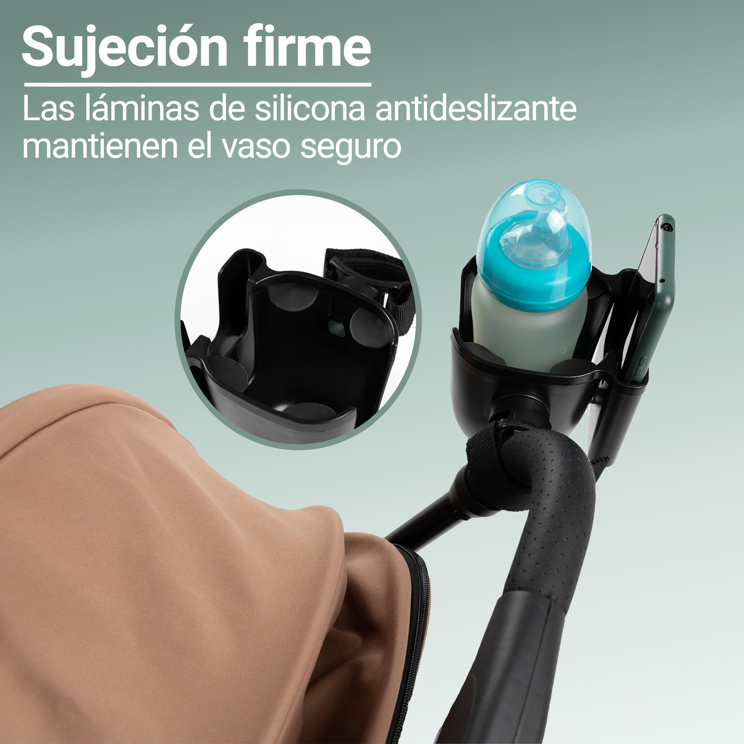 Zamboo Porta Botellas Carrito con Sujeción para Móvil | Soporte Bebidas Universal 2 en 1 para Vasos - Biberones y Smartphone | Giratorio 360° | Fácil de Montar - Negro
