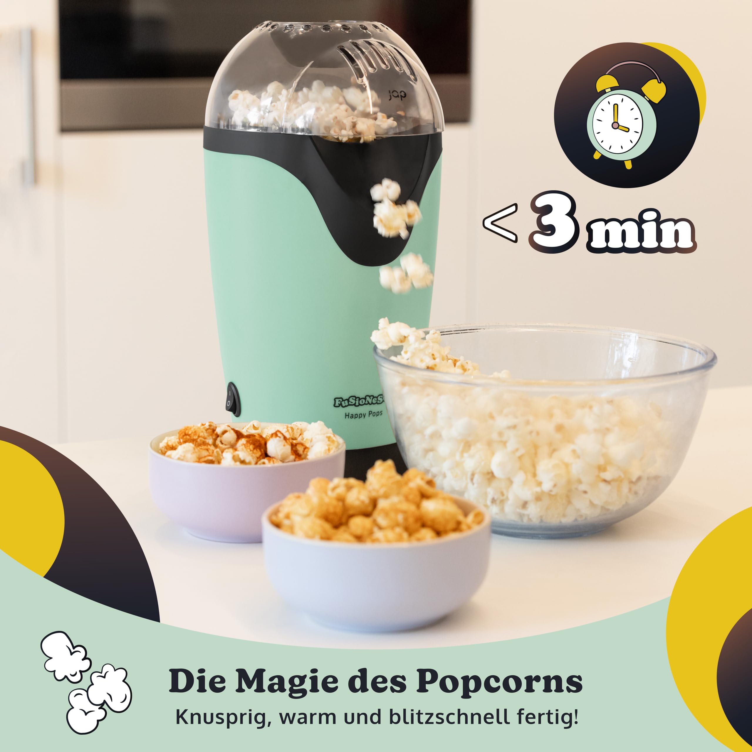 JAP Happy Pops Popcornmaschine - Retro Popcorn maker - Popcornmaschine für zuhause - 2 bis 3 Personen - Innerhalb von 3 Minuten fertig - Fettfrei - Ölfrei - Grün