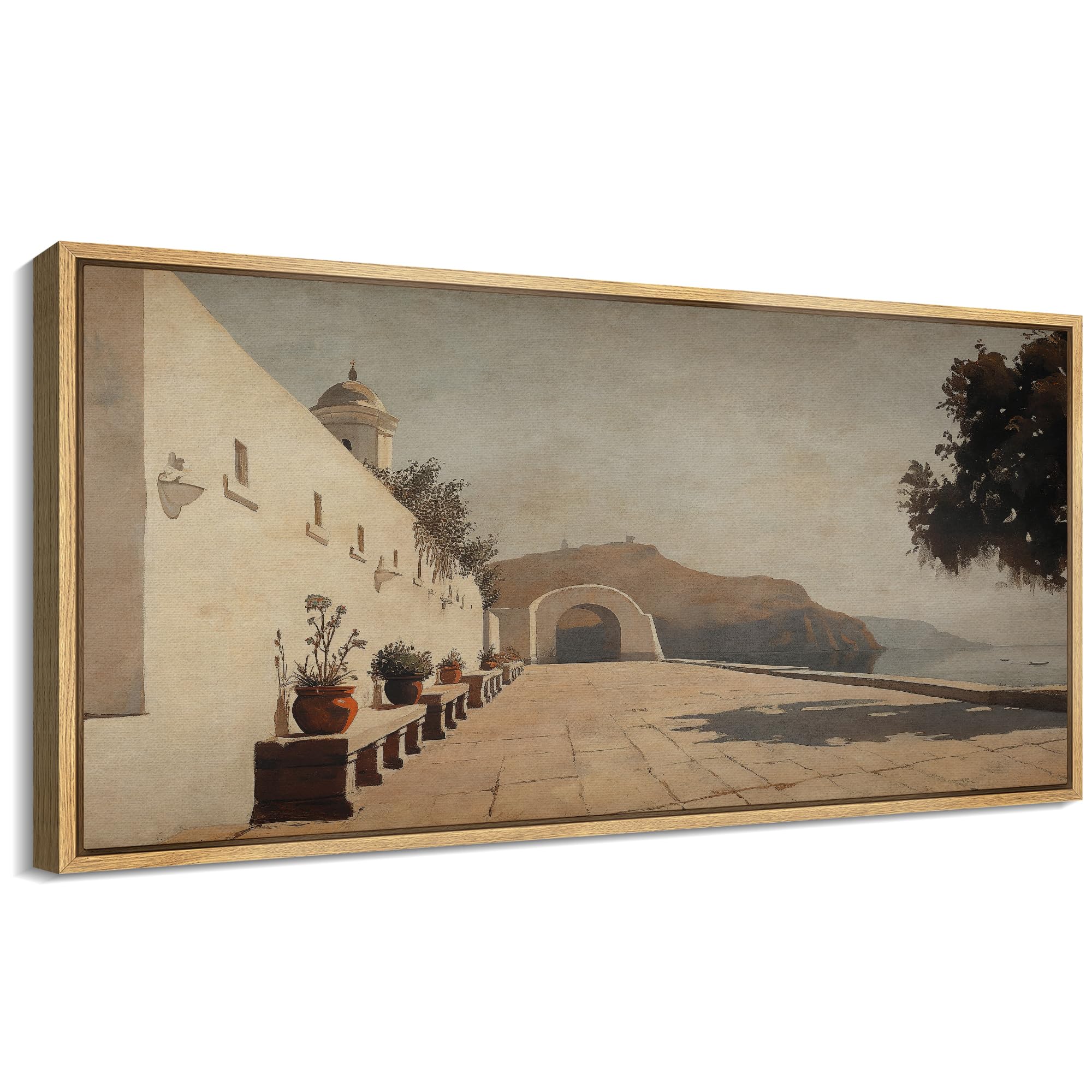 SIGNFORD Extra Large Framed Canvas Print Wall Art Seaside Courtyard with Potted Plants and Ocean View Illustrations Modern Art Calm Warm for Living Room, Bedroom, Office - 60"x30"