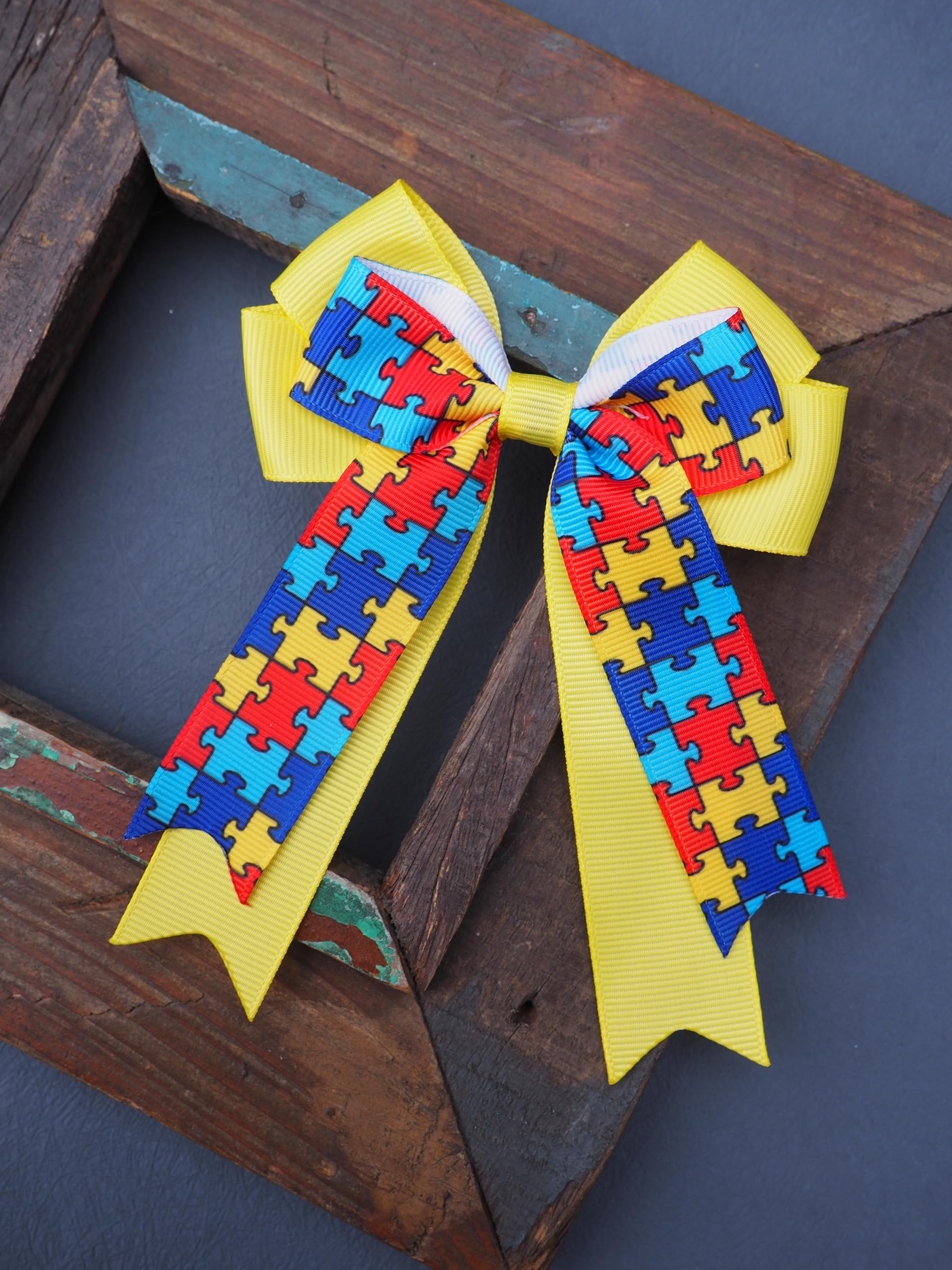MeiMei Awareness Puzzle Pieces Jigsaw Hair Bow 3.5 * 5.5 Inch Hair Bow, Slider Barrette, Alligator Hair Clip, Handmade Grils Women Hair Accessories, 1 Piece (Puzzle, Cheerleading25, Clip) - Image 3