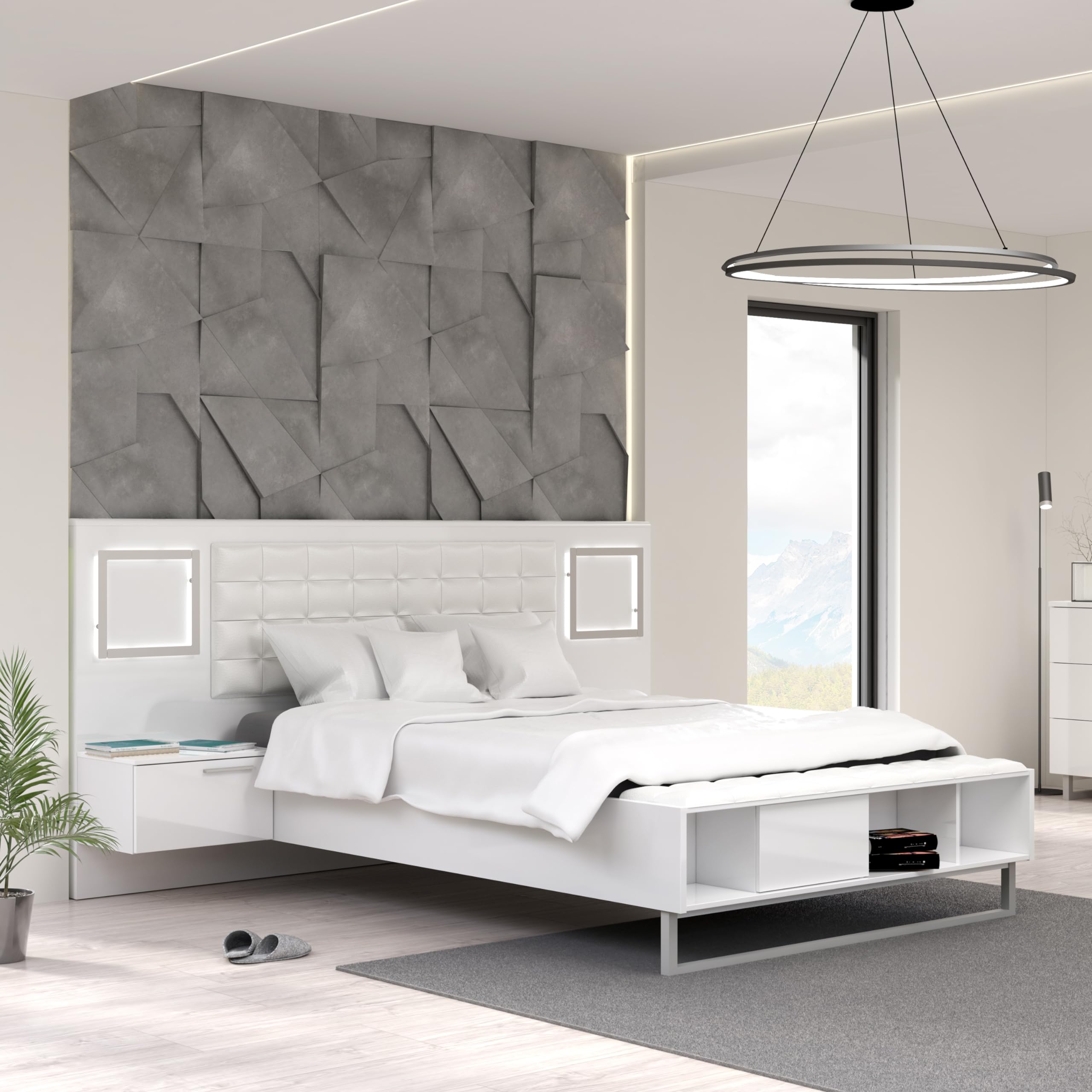 Forte Sirius Crown Bett 280 290, modernes Bett + 2 Nachtkommoden mit 2 Schubladen, weißes Bettgestell, Holzwerkstoff, Weiß/Weiß Hochglanz, 287 cm breit x 119,7 cm hoch x 234,7 cm tief