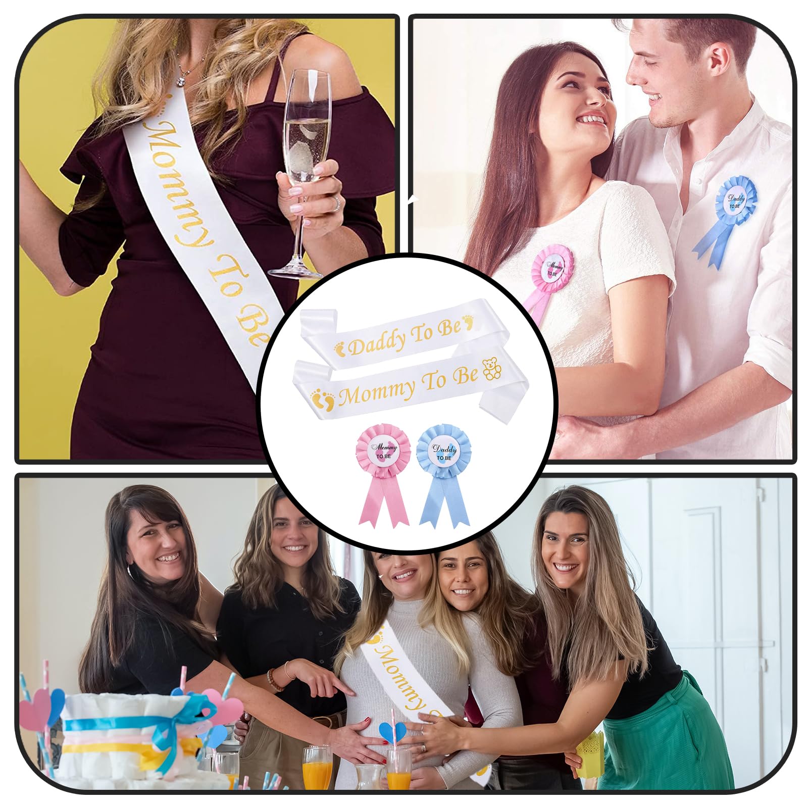 ZoeTekway 4-częściowy zestaw dekoracji na Baby Shower,Szarfy i przypinki,Satynowe szarfy dla przyszłej Mamy i Taty