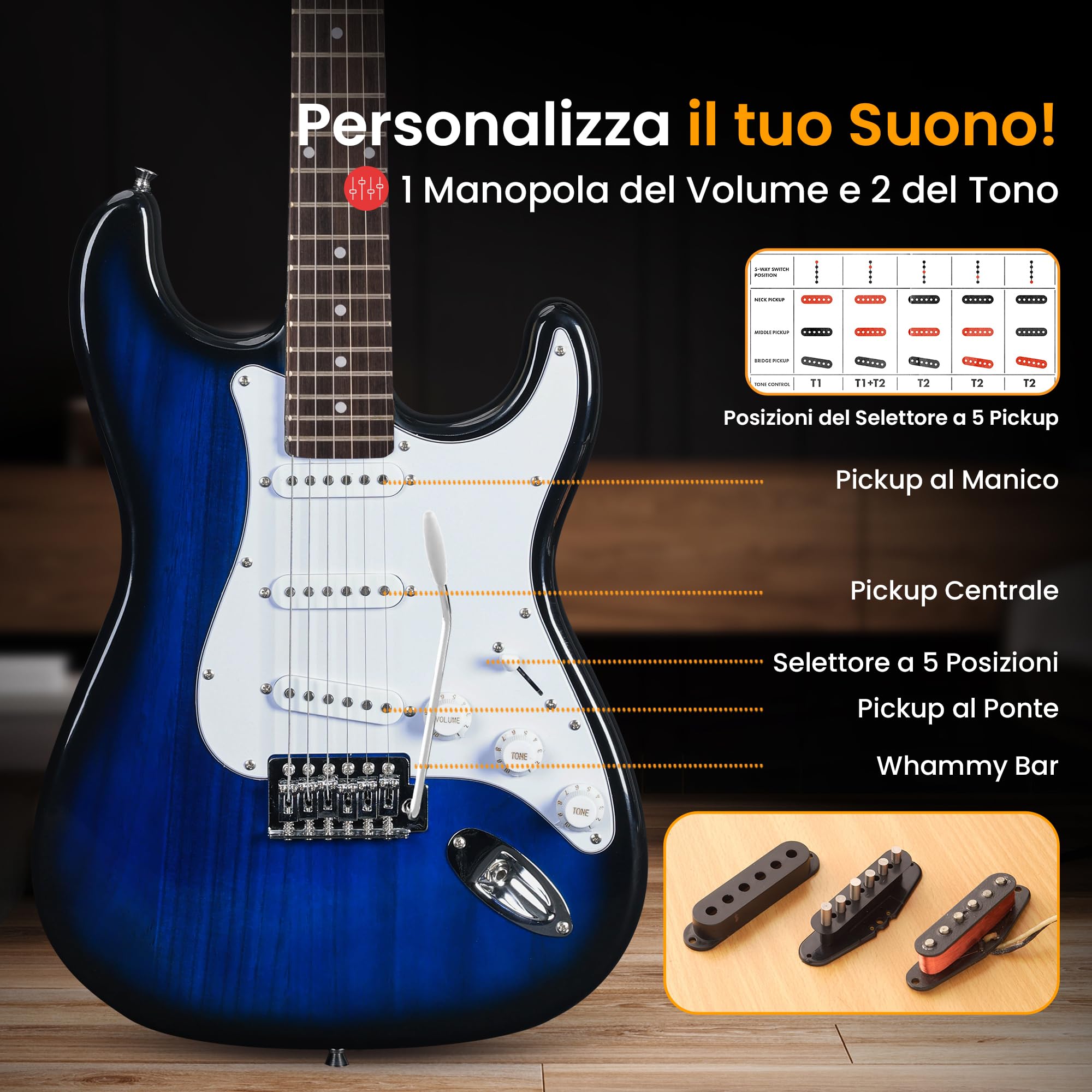 Pyle Chitarra Elettrica 99 cm con Amplificatore Bluetooth, Chitarra Kit Completo, Guitar con Cavo Jack 6,35 mm, Custodia, Cinghia, Corde, Plettri, Pickup ST, Blu Sfumato
