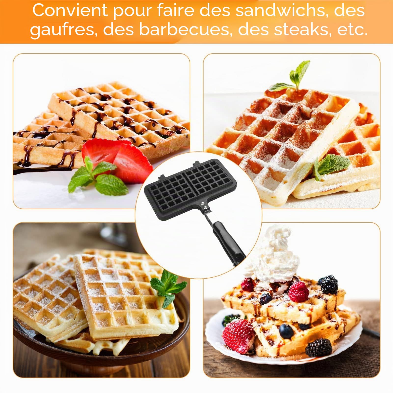 Gaufrier pour cuisinière, poêle à gaufres en fonte antiadhésive Double gaufriers belges pour le camping, la cuisson du petit-déjeuner en famille