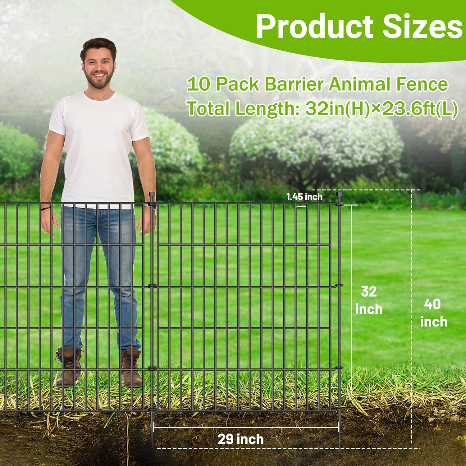 10 Panels No Dig Decorative Outdoor Garden Fence for Yard, 32 in(H) X 23.6 ft(L) Animal Barrier Fencing Rustproof Metal Wire Panel Border for Dog, Rabbits, and Patio Temporary Ground Stakes