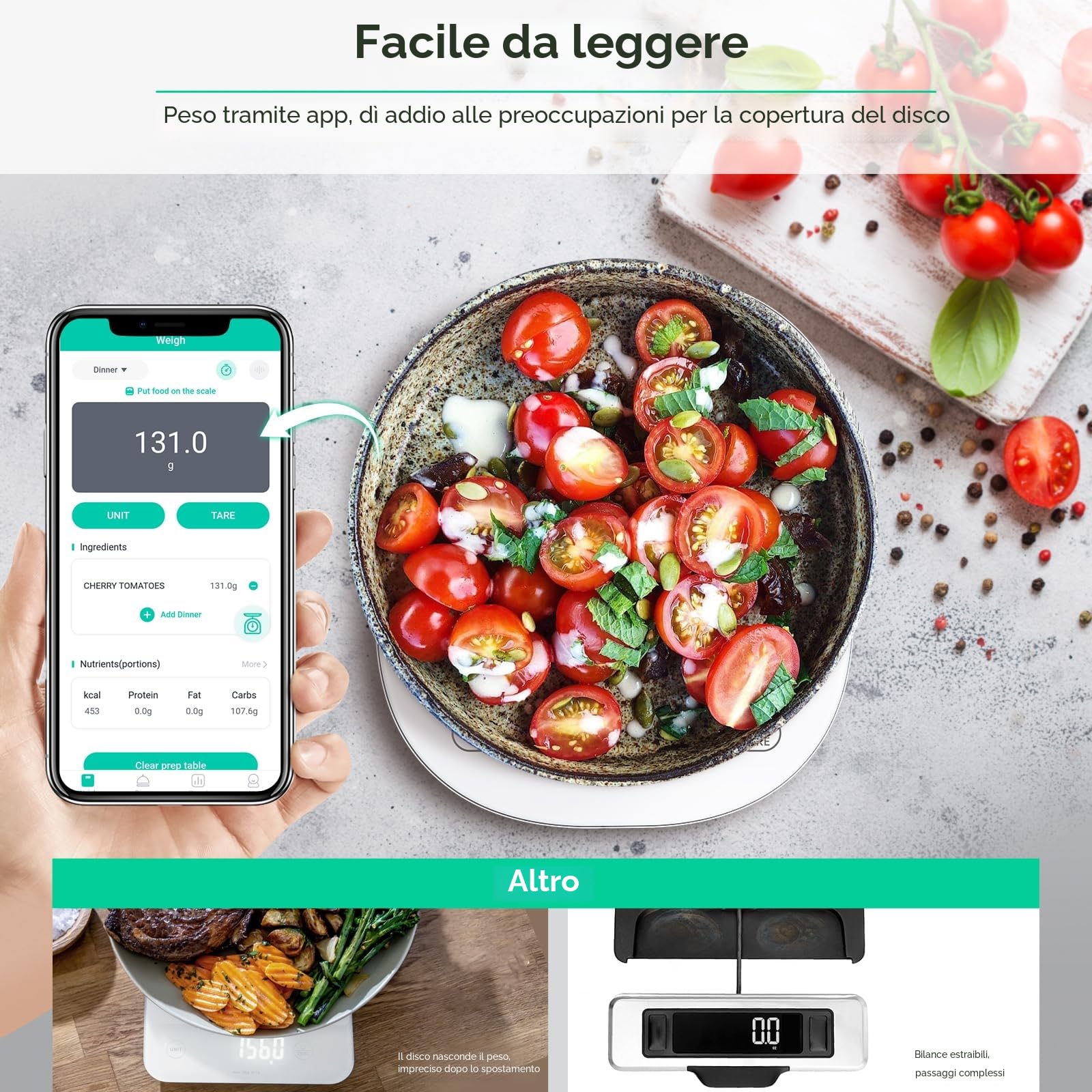 Bilancia da Cucina Digitale arboleaf Bilancia Cucina Bilancia da Cucina con Calcolatrice Nutrizionale, Funzione Tara, Ricaricabile USB, 10 kg/22 lb