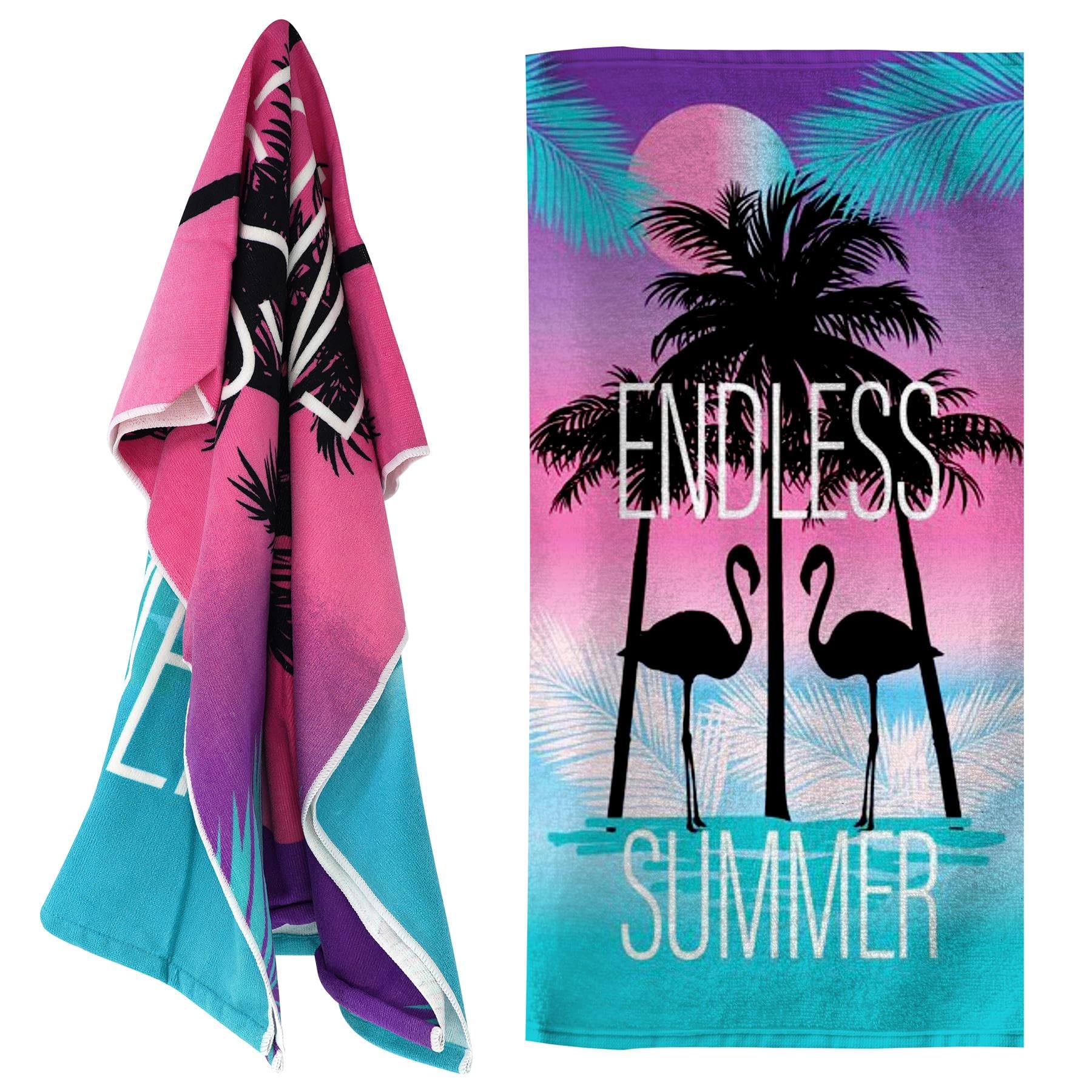 GEEZY Flamingo Microfibre Beach Towel, 70 x 140cm - Quick Dry Sand Free | Vibrant pink & teal tropical palm print. Smooth surface shakes clean easily. Absorbs water fast for swimming or travel.