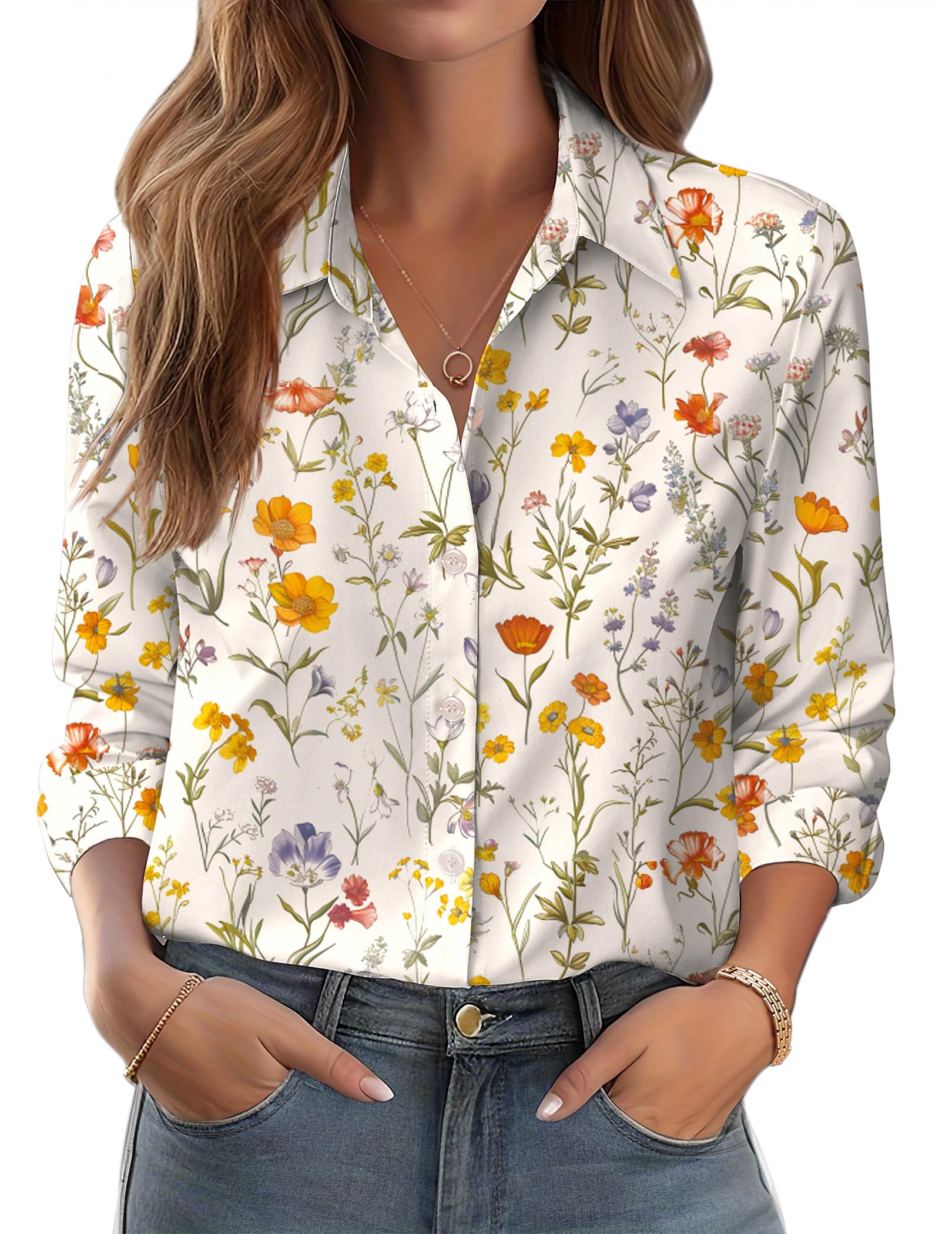 Zeagoo Blusa elegante para mujer, multicolor, manga larga, con botones, para primavera, verano, bussiness blusa, básica, sin planchado, parte superior