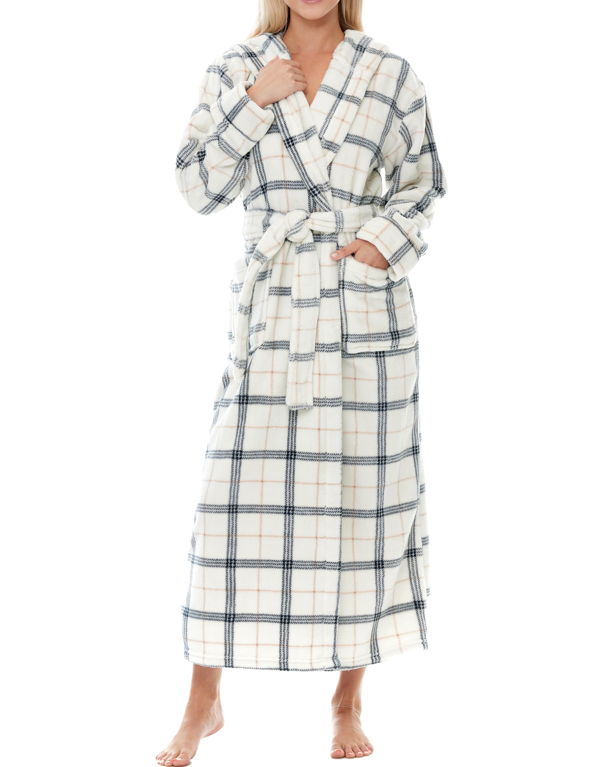 Alexander Del Rossa Plush Fleece Robe for Women, Long Hooded Bathrobe with Hood, Plus Size