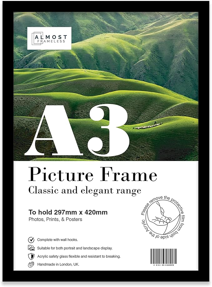 A3 Black Picture Frame, Fits A3 (29.7 x 42cm 11.7 x 16.5in) Poster