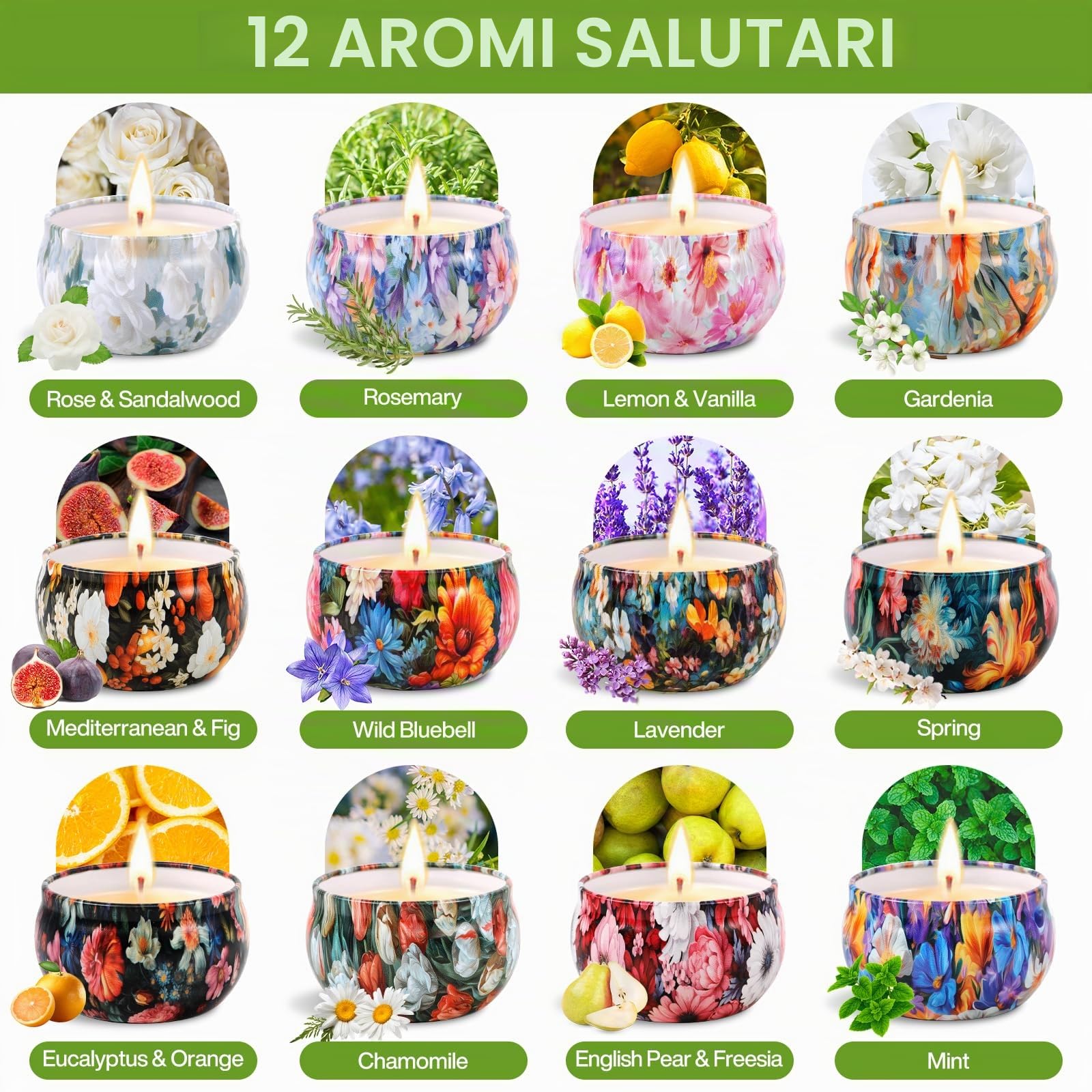 Candele Profumate, 12 Pezzi Set Candele Profumate, Candele Decorative, Candela Profumata Regalo Cera di Soia Naturale, per Bagno, Matrimonio, Yoga, Natale, Regali di Compleanno (12 Profumi)
