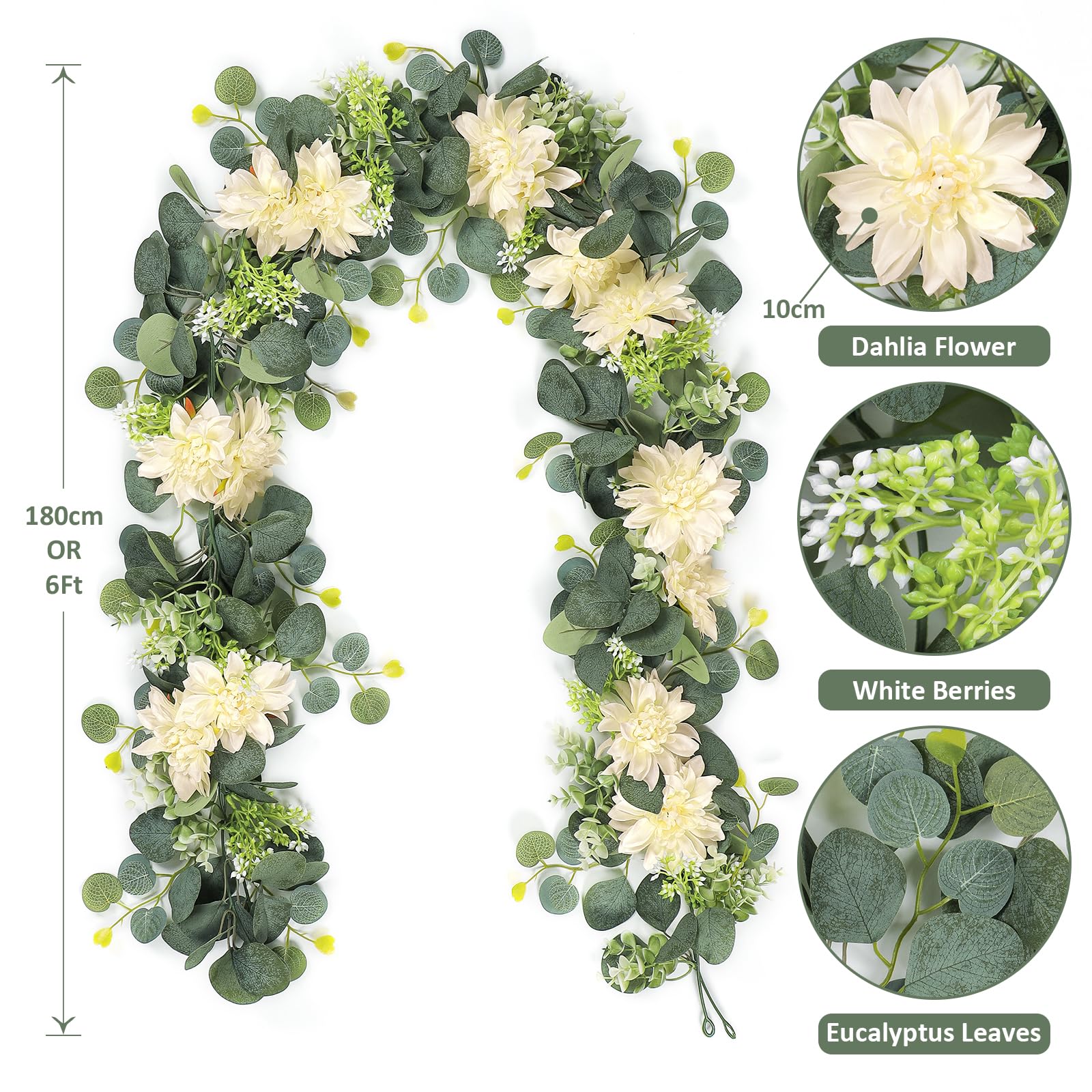 Dremisland Künstliche Eukalyptus-Blumengirlande mit Champagner-Dahlie-Blume, 7,6 m, künstliche Champagnerblume, grüne Girlande, hängende Blumenranken für Hochzeit, Zuhause, Party, Wand-Tischläufer