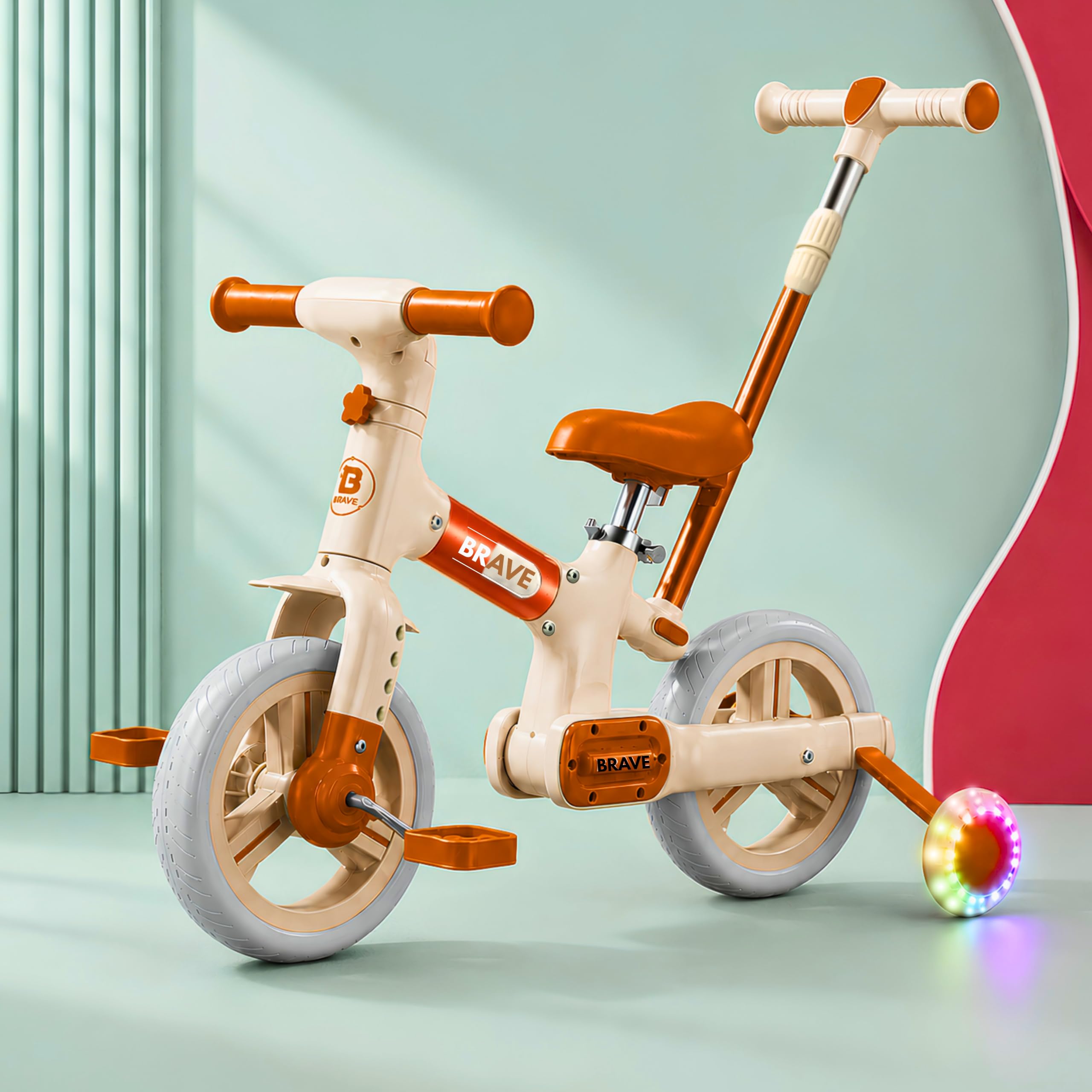 FlexoBike 4-in-1 Kids (Parental Push Handle, Tricycle, Balance Bike, Bicycle) with Foldable | Aluminium Frame, Anti-Slip Pedals | Toddler Baby Learning Cycle for 2-4 Years Old. (Brown)-image-8