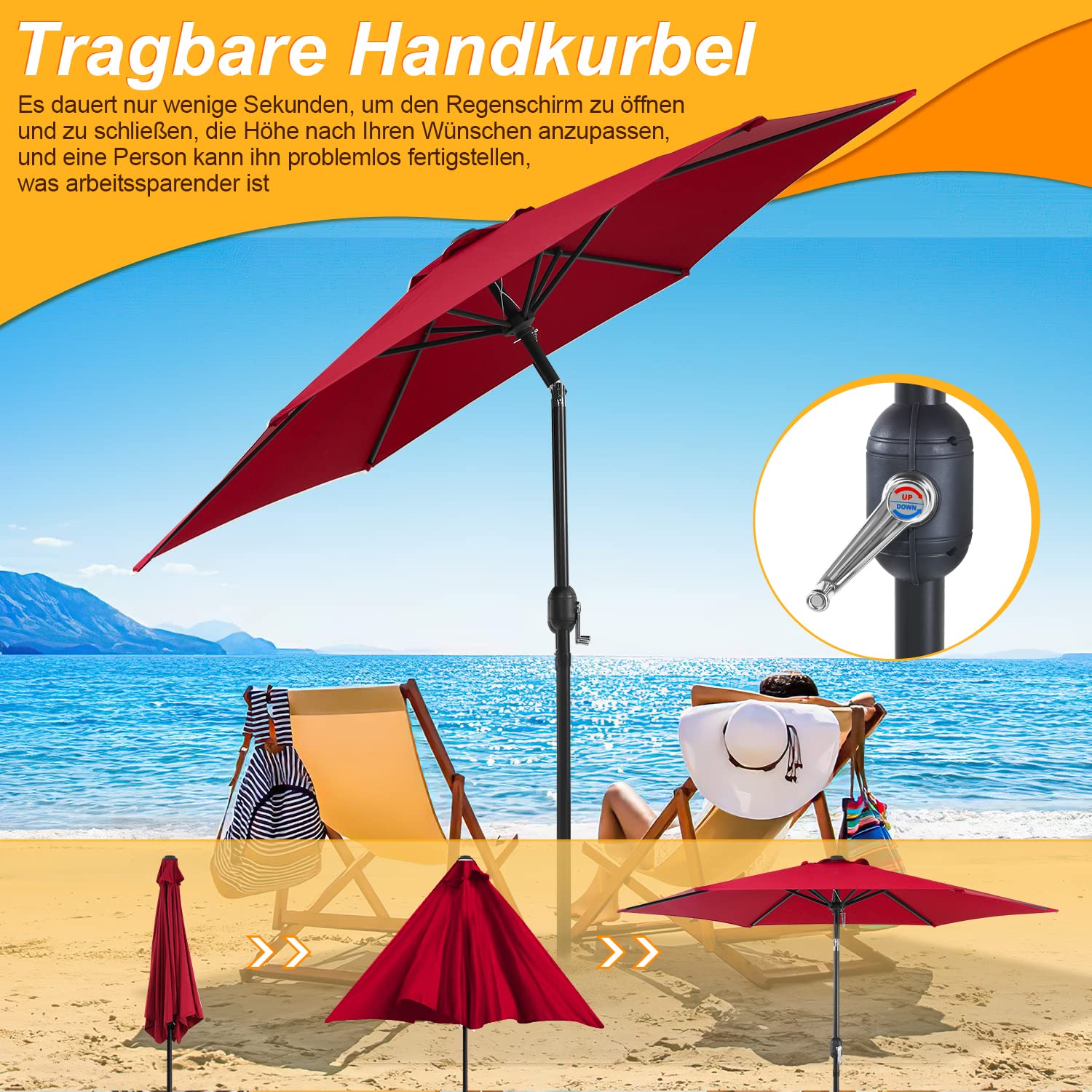 Parasol przeciwsłoneczny, składany parasol plażowy, regulowany kąt nachylenia i wysokość, parasol plażowy na balkon, taras, plażę, bez stojaka, antracyt, czerwony, 270cm