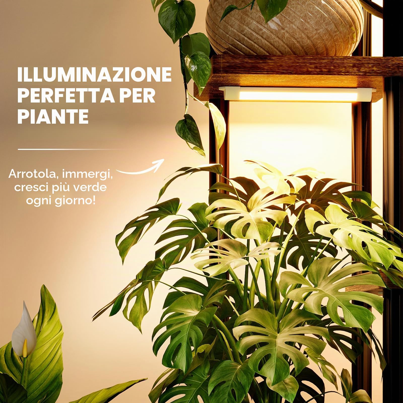 Bamworld Mensola per piante con luce crescente per piante da interno, angolo a 7 livelli, supporto per piante in metallo, supporto per fiori in legno per casa, soggiorno, decorazione patio