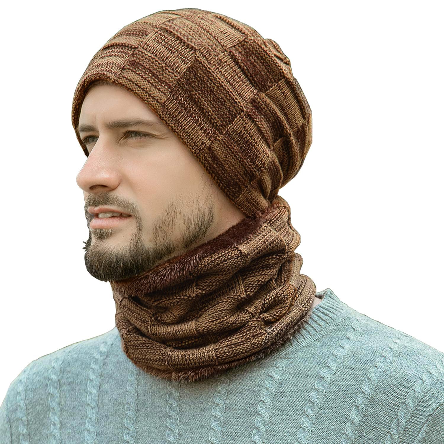 Mens Winter Beanie Hats Scarf Set Warm Knit Skull Cap Neck Warmer with Fleece Lined Winter Hat for Women