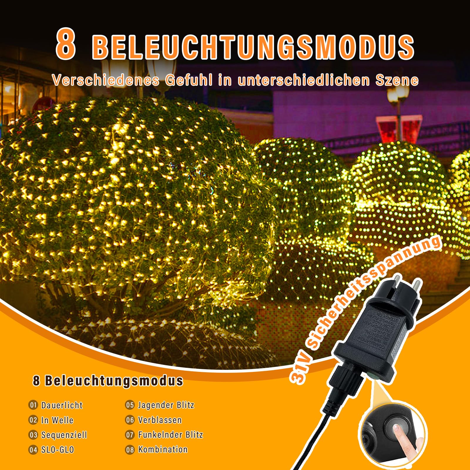 Guirlande Lumineuse Sapin de Noël Exterieur Filet LED Guirlande Lumineuse 6x4m Guirlande de Noel 8 Modes D’éclairage Étanche IP44 Intérieur/Extérieur pour Noël, Jardin, Mariage, Salon, Blanc chaud