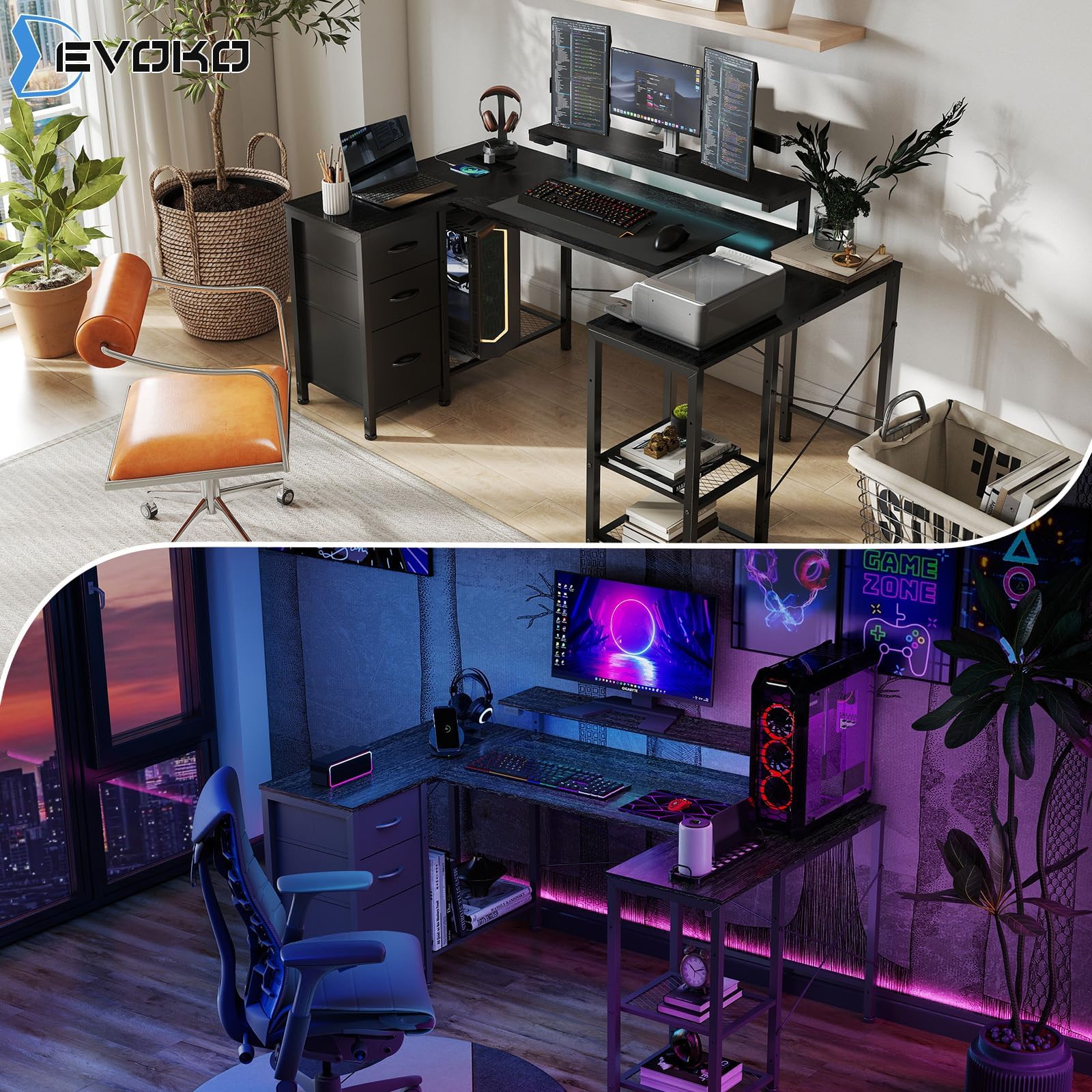 Devoko Bureau Gaming en U Réversible 170x95cm Table E-Sport LED Noir | Éclairage RGB, Double Support Moniteur, 3 Tiroirs, Étagère Latérale, Prises & 2 USB, Rangement, Setup Gamer Complet