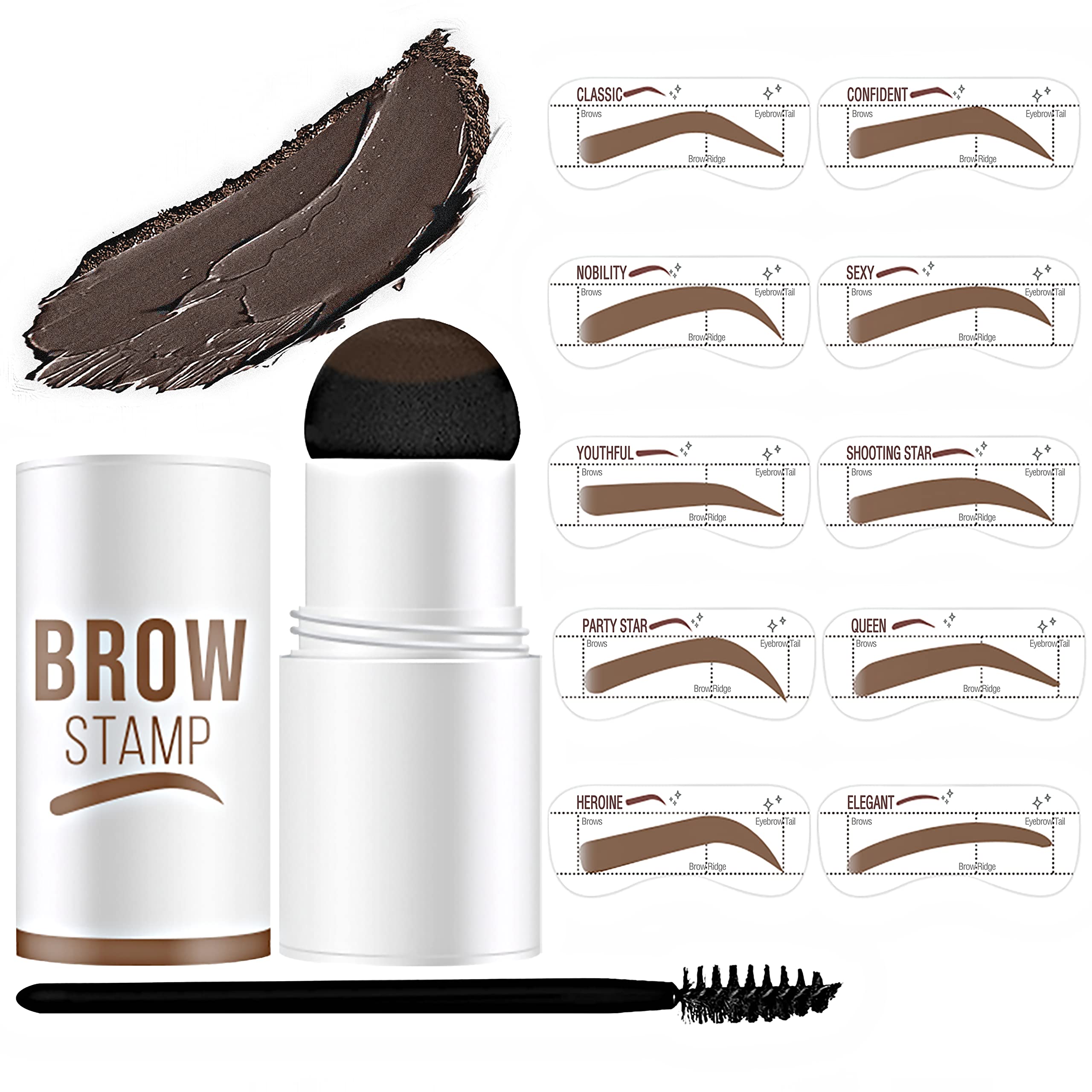 QAOVDS Eyebrow Stamp Stencil Kit, 1 Step Brow Stamp & 10 Reusable Eyebrow Stencils for Perfect Eyebrow Makeup, Long-lasting, Waterproof (Dark Brown)
