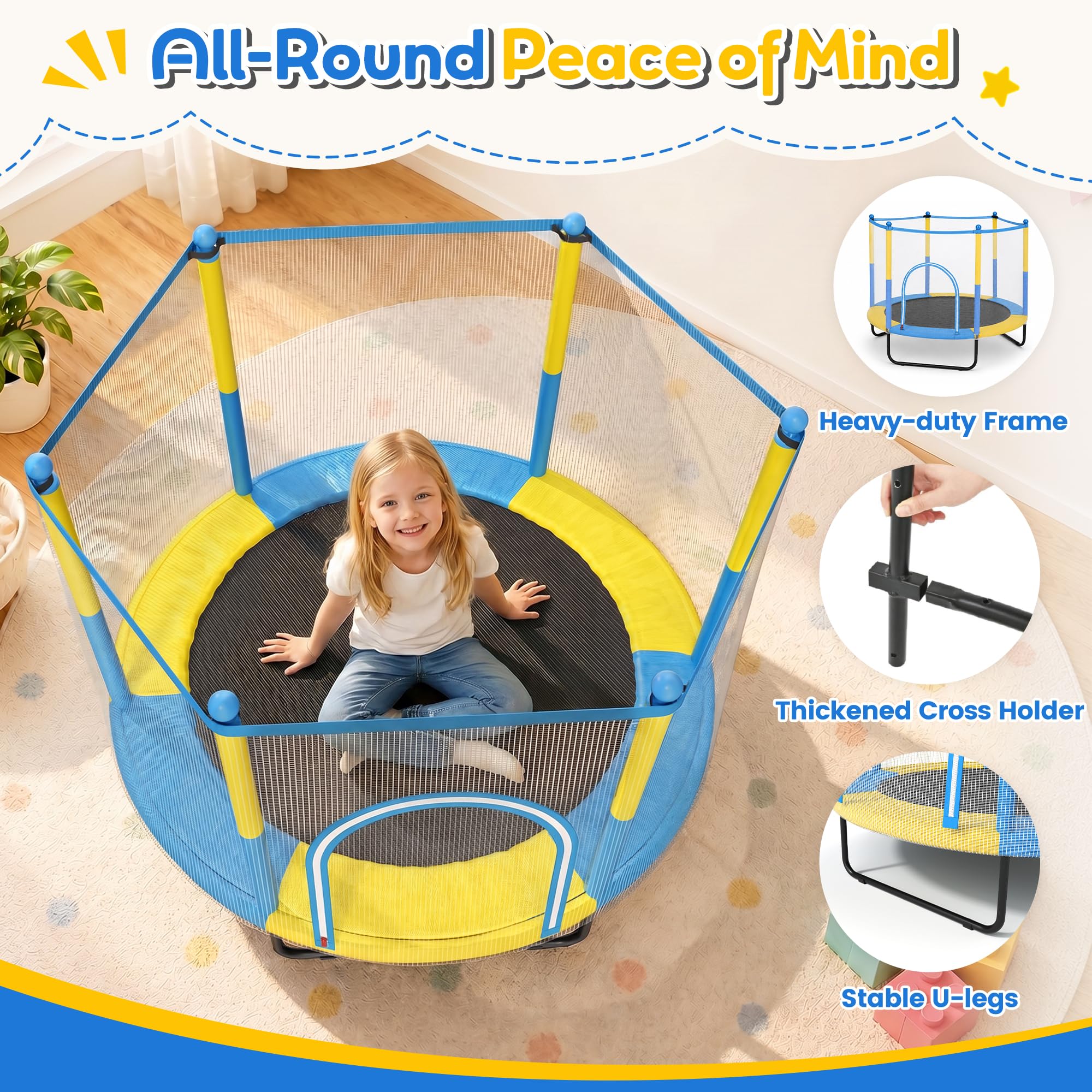 ROPODA Trampolino per bambini per interni ed esterni con rete di sicurezza, cestino da basket e robusto tappeto per saltare