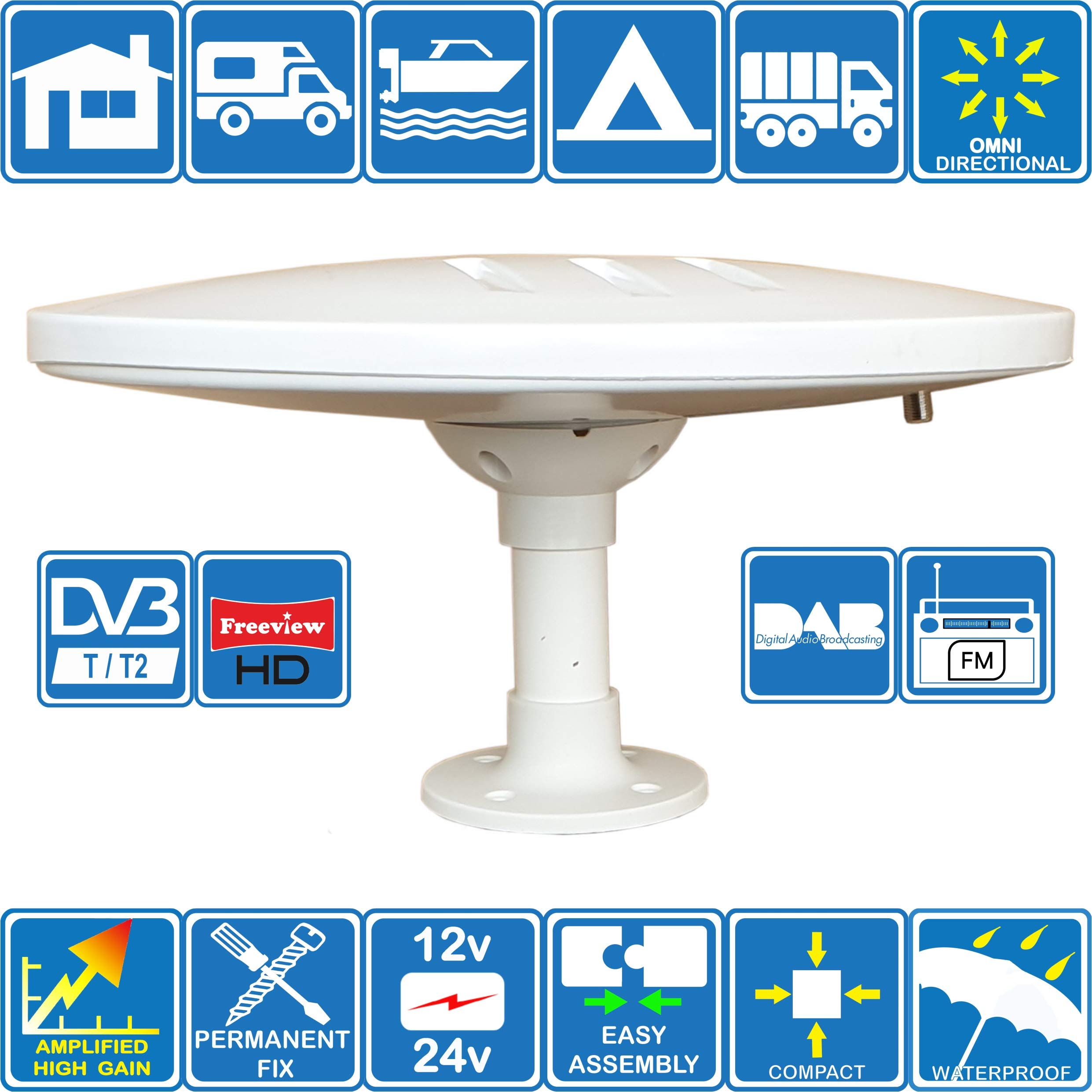 Helio-Magnet amplifiée numérique omnidirectionnelle d'antenne TV HD de Gain Haut 33dB TNT DVB-T2 FM Dab. 12V / 24V pour Camping-Car, Poids Lourd, Camion, Caravane, Bateau ou Camping par Unispectra®