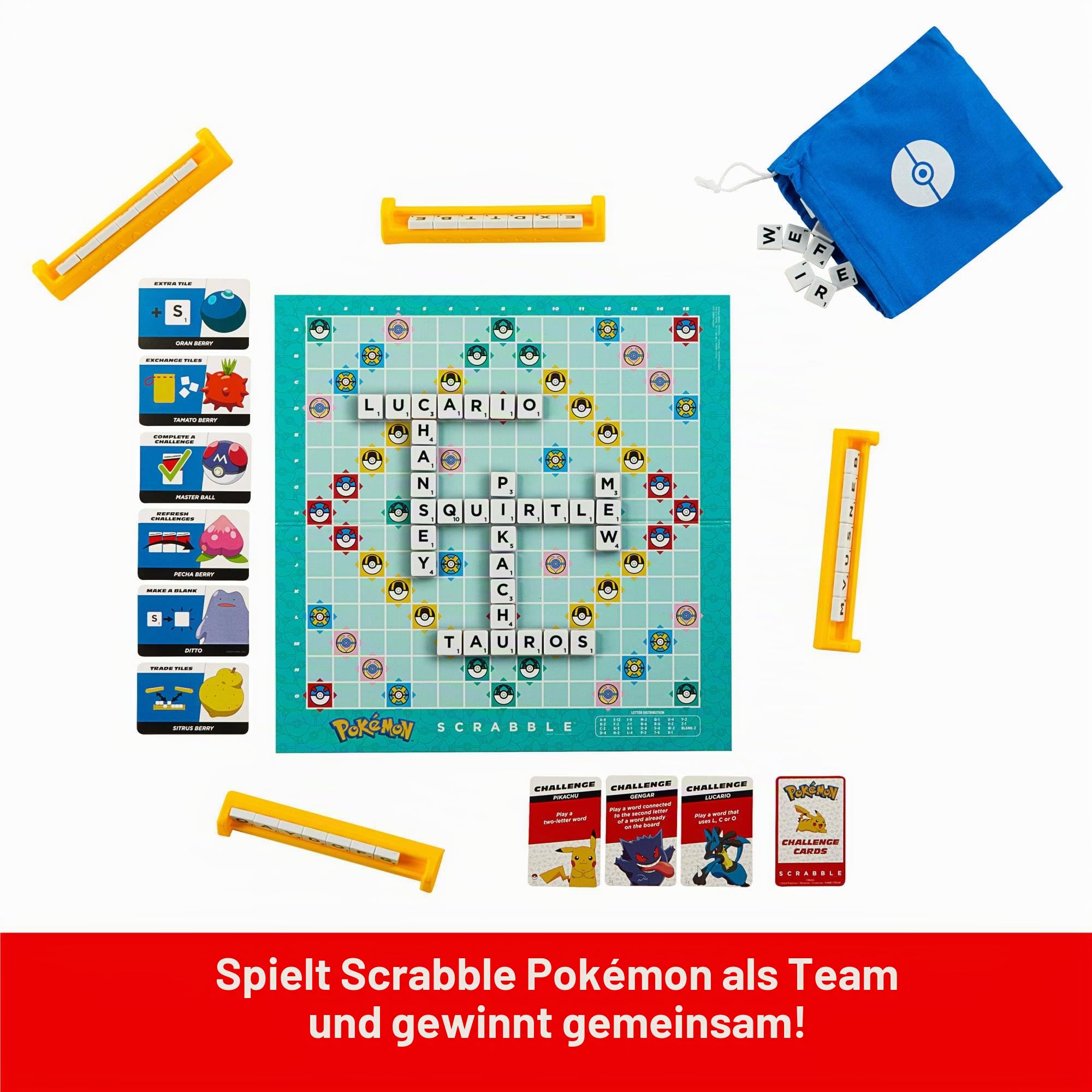 Mattel Games Scrabble Pokémon Brettspiel, Familien-Wortspiel mit zwei Spielmöglichkeiten, enthält 50 Herausforderungskarten mit Pokémon-Figuren für 2–4 Spieler, UK-Version, HXB94