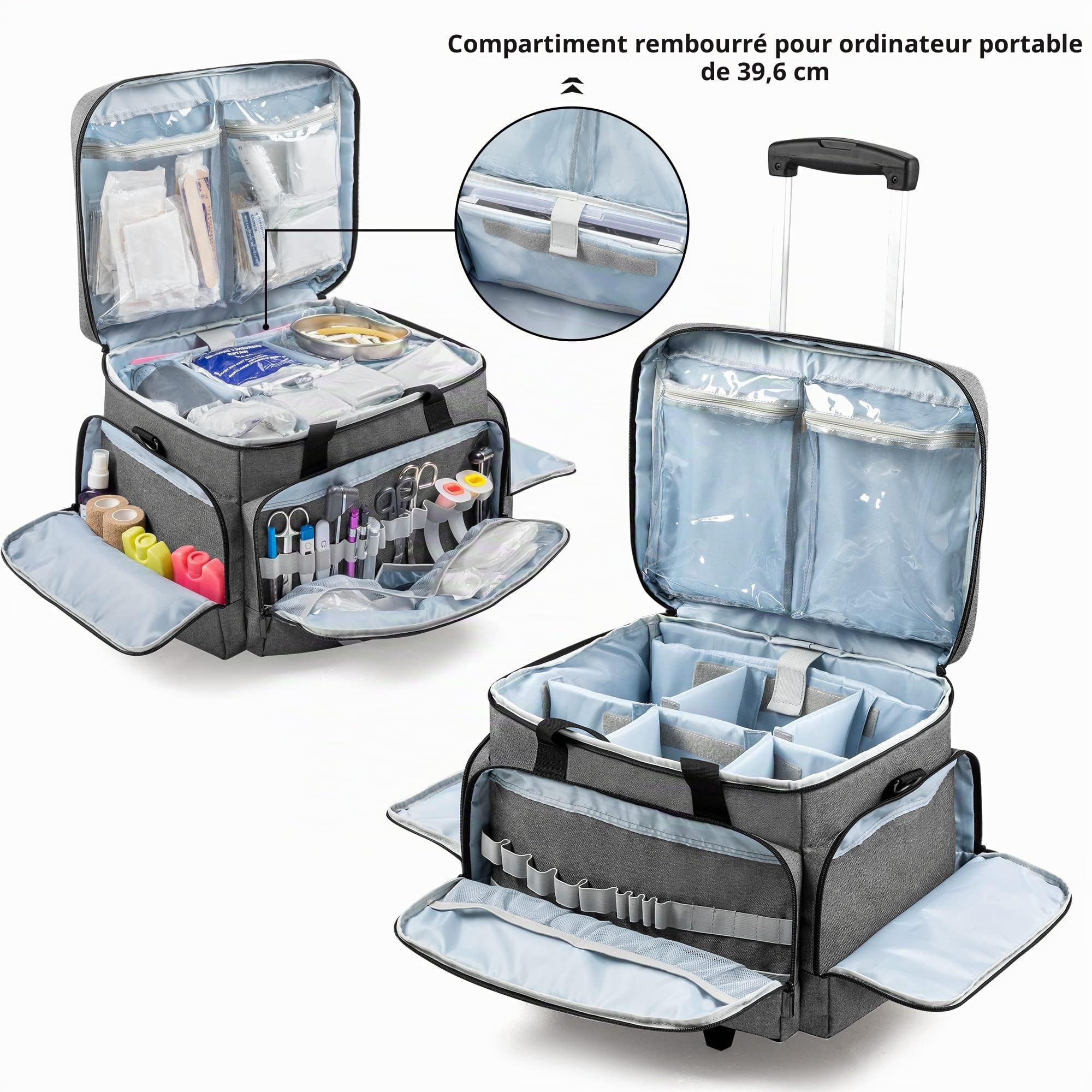 Trunab Sac Médical à roulettes avec Chariot Amovible, Sac à roulettes pour Infirmière avec Séparateurs Amovibles, Sac de Secours Vide pour Médecins, Professionnels EMS, Gris