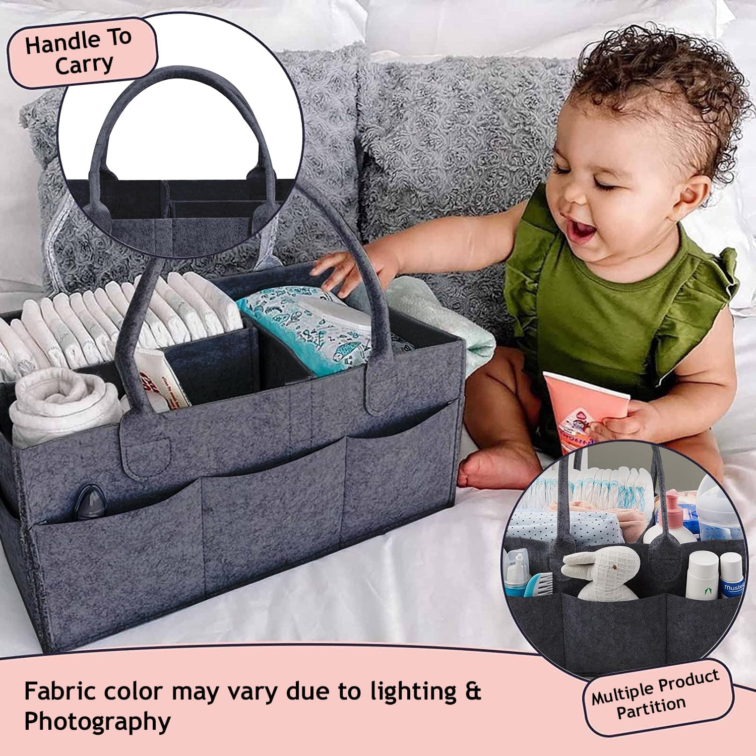 KESI ORNAMENTS Baby Diaper Caddy Organiser, Diaper Bag, Organiser, Portable Diaper Organiser, Felt Organiser with Removable Divider, for Car, Bedroom, Travel and Changing Table Storage Bin(Black) - Image 6 thumbnail