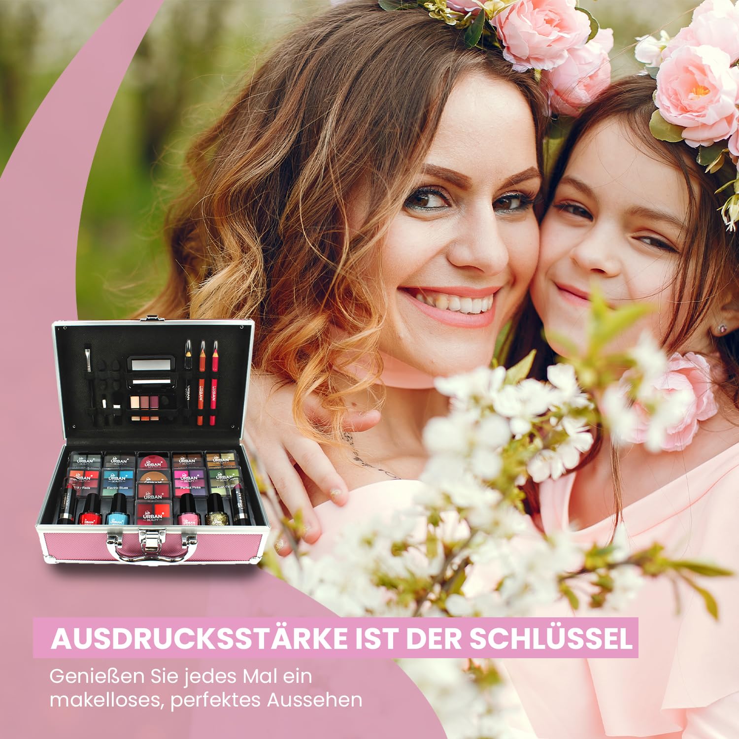 LOVE URBAN BEAUTY Veganes Hot Pink Schminkkoffer - 82-teiliges Schminkset für Teenager und Frauen mit Lidschatten, Rouge, Lippenstiften und Nagelprodukten - lustiger Reise-Schminkkoffer für Mädchen