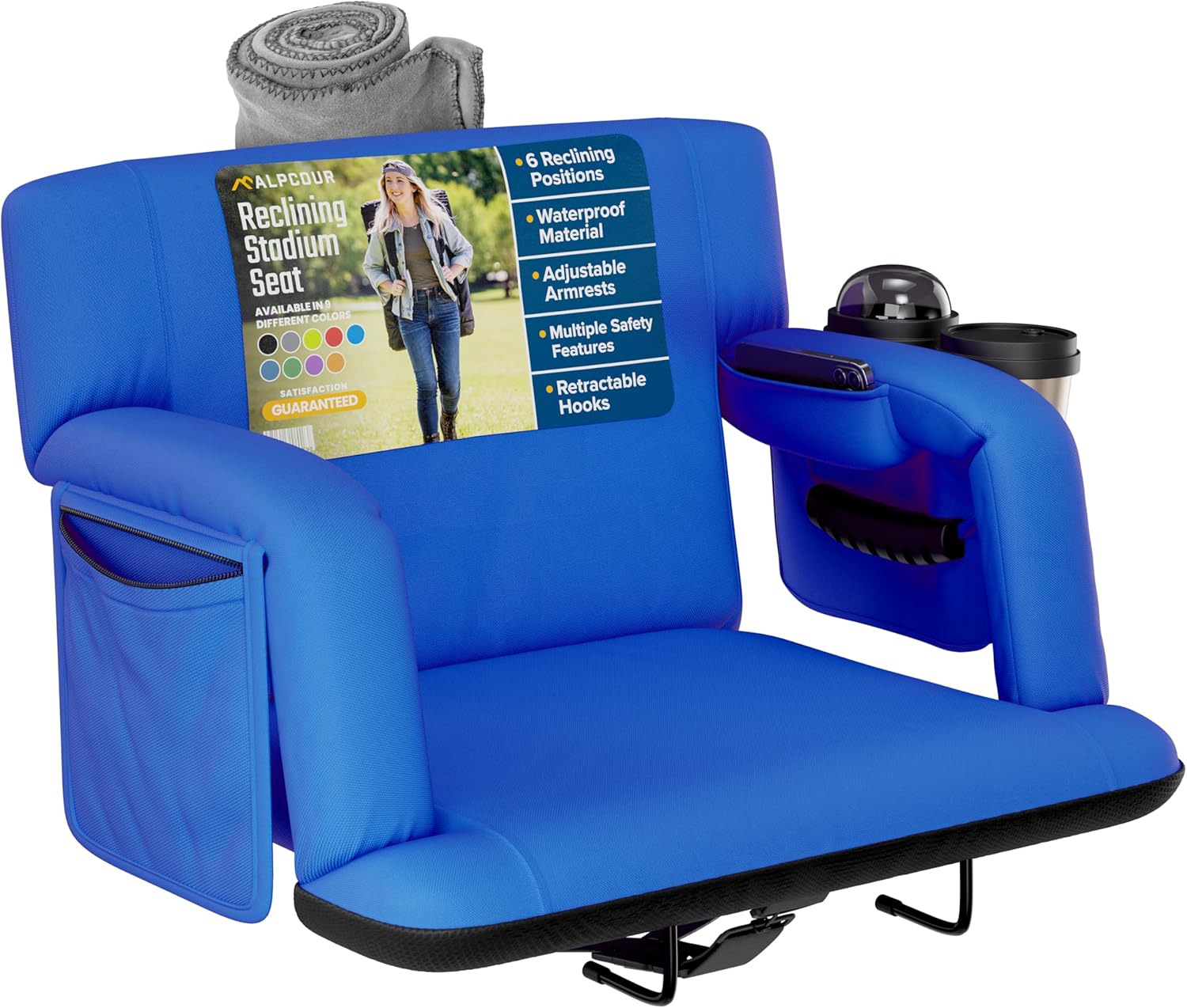 Reclining Stadium Seats for Bleachers with Back Support – Wide Bleacher Chair Cushion, Armrests, Large Pockets, and Multiple Safety Features – Best Stadium Seat Chairs for Camping, Kayak Backs & More 25" Wide Royal Blue