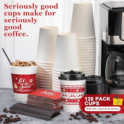 Miniatura 2 de Paquete de 60 tazas de café desechables de Navidad de 12 onzas con tapas, fundas y pajitas para agitar, tazas de papel de Navidad, tazas de café