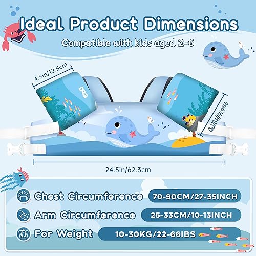 Miniatura 2 de DRQ Chaleco de natación para niños pequeños, flotadores para niños de 22 a 66 libras, chaleco salvavidas para niños con arnés de hombro con alas de