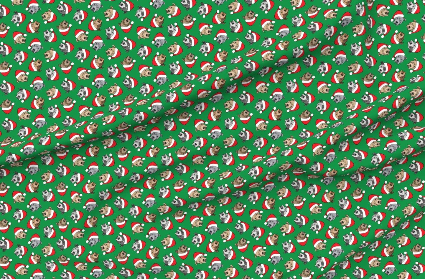 Spoonflower Fabric - Santa Hats Christmas Dogs Green Red Bull Pitbull Printed on Organic Cotton Sateen Fabric by The Yard - Sewing Quilting Apparel Home Decor