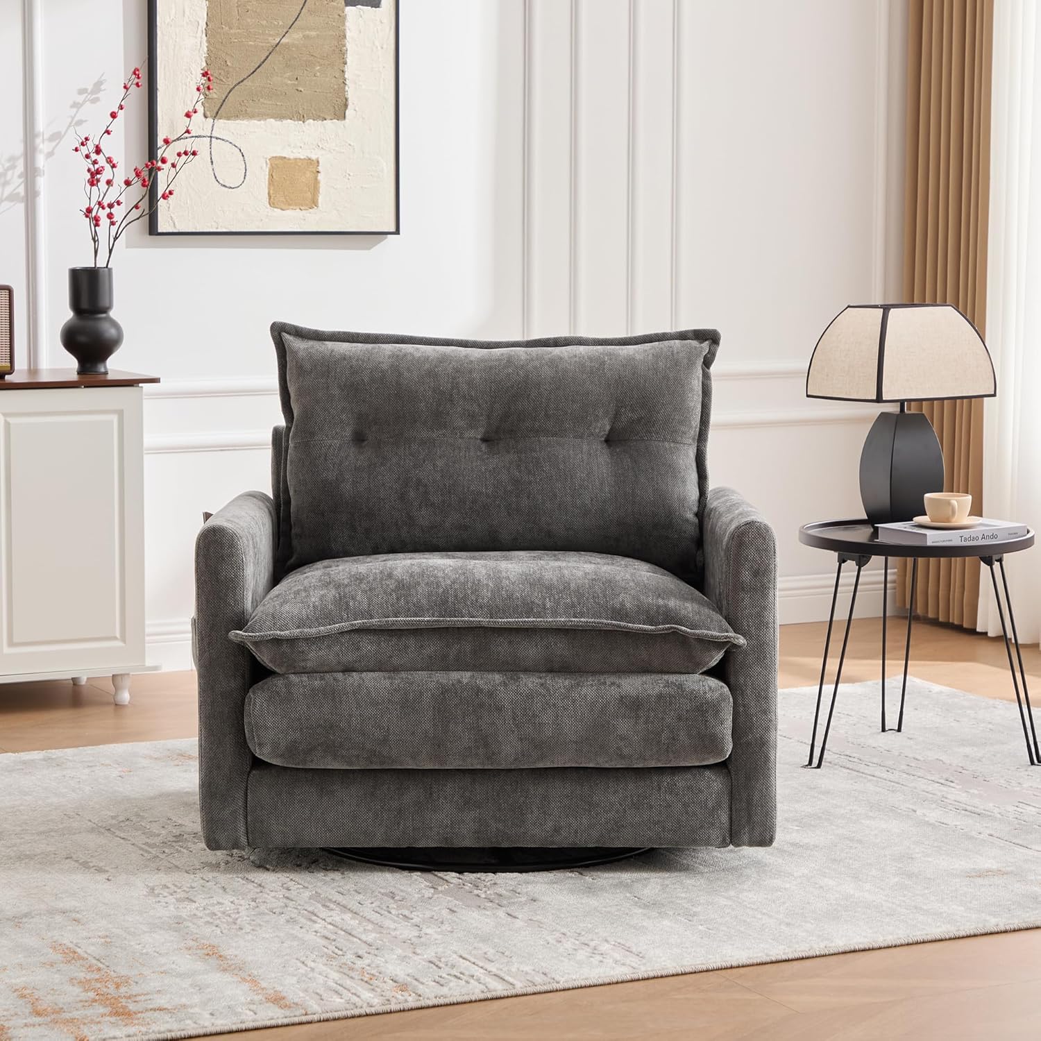 360° Swivel Accent Barrel Chair, 36.22"w Chenille Upholstered Tufted Armchair w/ Double Layers Seat Cushions , Modern Square Reading Armchair, Comfy Single Sofa Chair for Nursery, Living Room, Bedroom