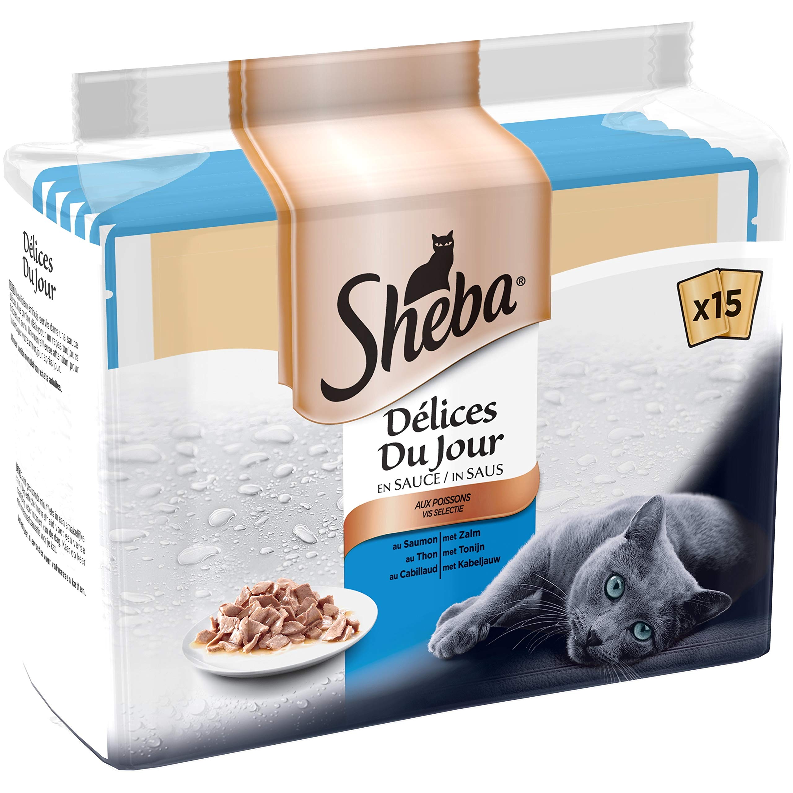 SHEBA Delicias del Día Bolsas de frescura en Salsa de Pescado para Gato, 15 x 50 g