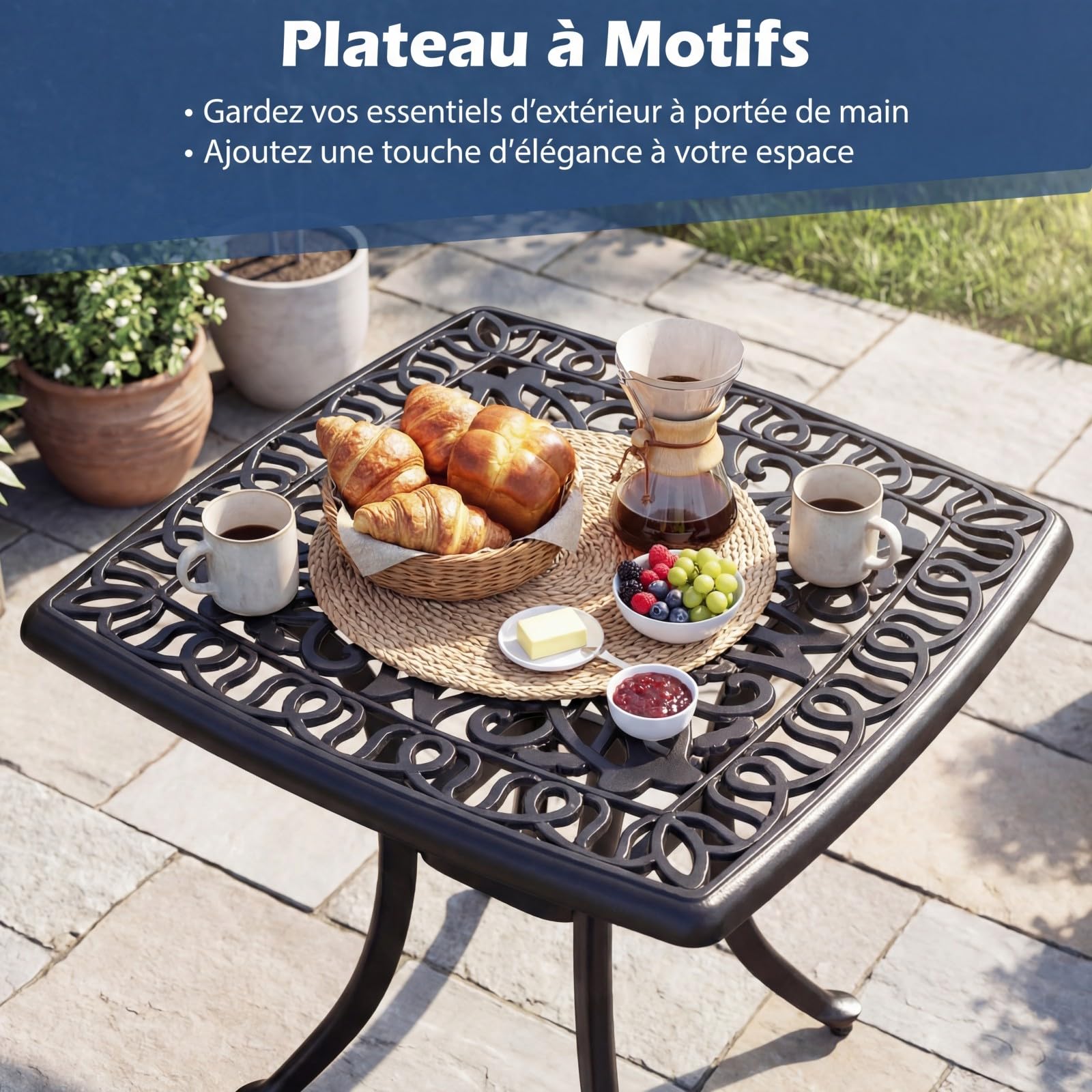 COSTWAY Table Jardin Carrée en Aluminium Moulé 54 CM, Table d'Appoint Extérieure Anti-Rouille avec Trou Intégré pour Parasol, Résistante aux Intempéries pour Patio Piscine Terrasse, Noir
