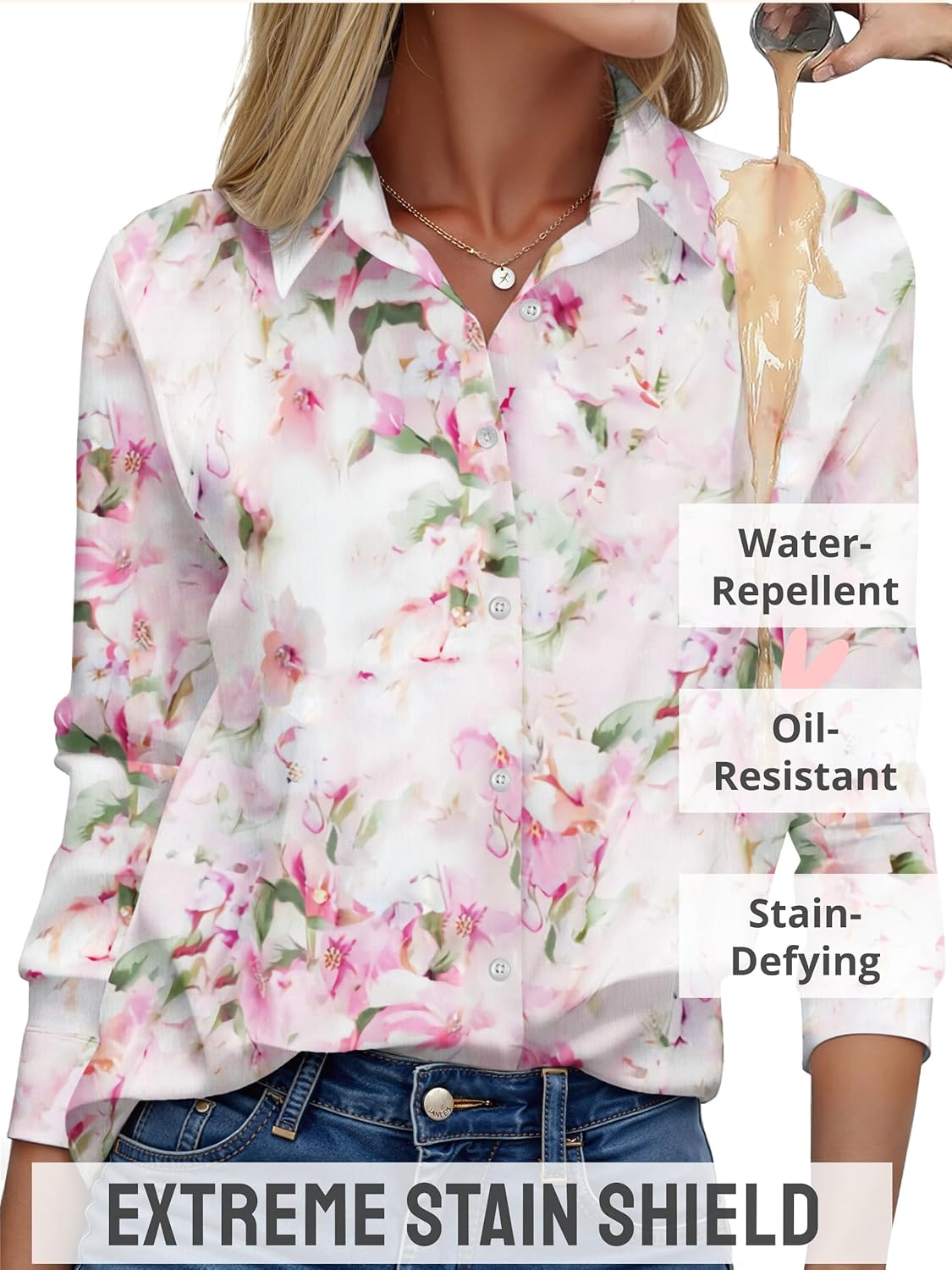 CBOO Women's Stain-Resistant Shirts Wrinkle Free & Non Iron Long Sleeve Button Down Blouse Office Tops