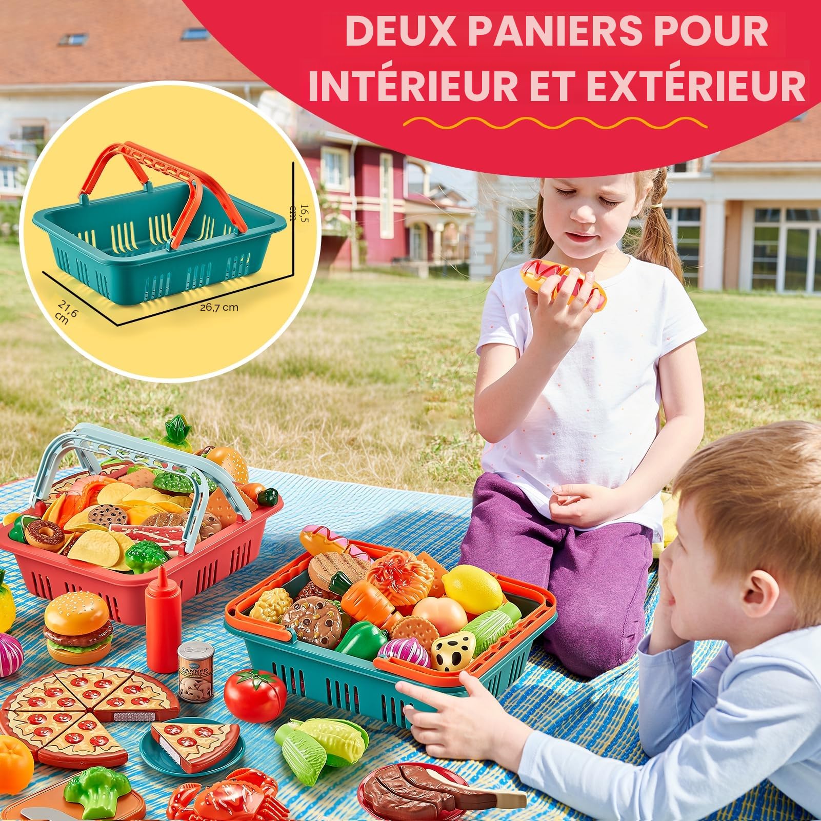 Lot de 80 Jouets Alimentaires à Découper pour la Cuisine des Tout-Petits, Jeu de Rôle de Chef pour Enfants avec Nourriture en Jouet, Panier à Pique-Nique (Édition Standard)