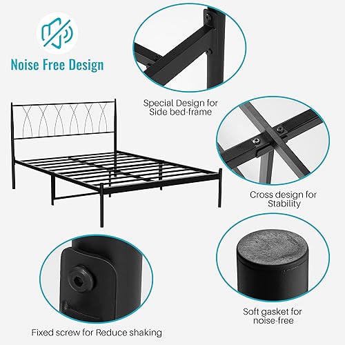 Miniatura 6 de Marco de cama matrimonial tamaño matrimonial plataforma de metal negro marco de cama con base de colchón para almacenamiento con soporte de listones