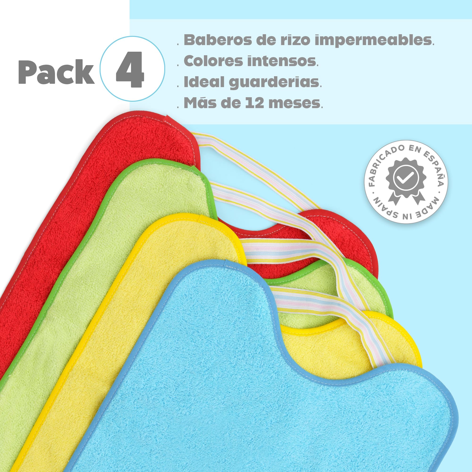 Ti TIN Pack 4 Baberos Bebé Impermeables y Absorbentes - A partir 12 meses - Ideal Guardería con Goma Elástica y Rizo de Algodón Suave - Baberos Grandes 31x38 cm