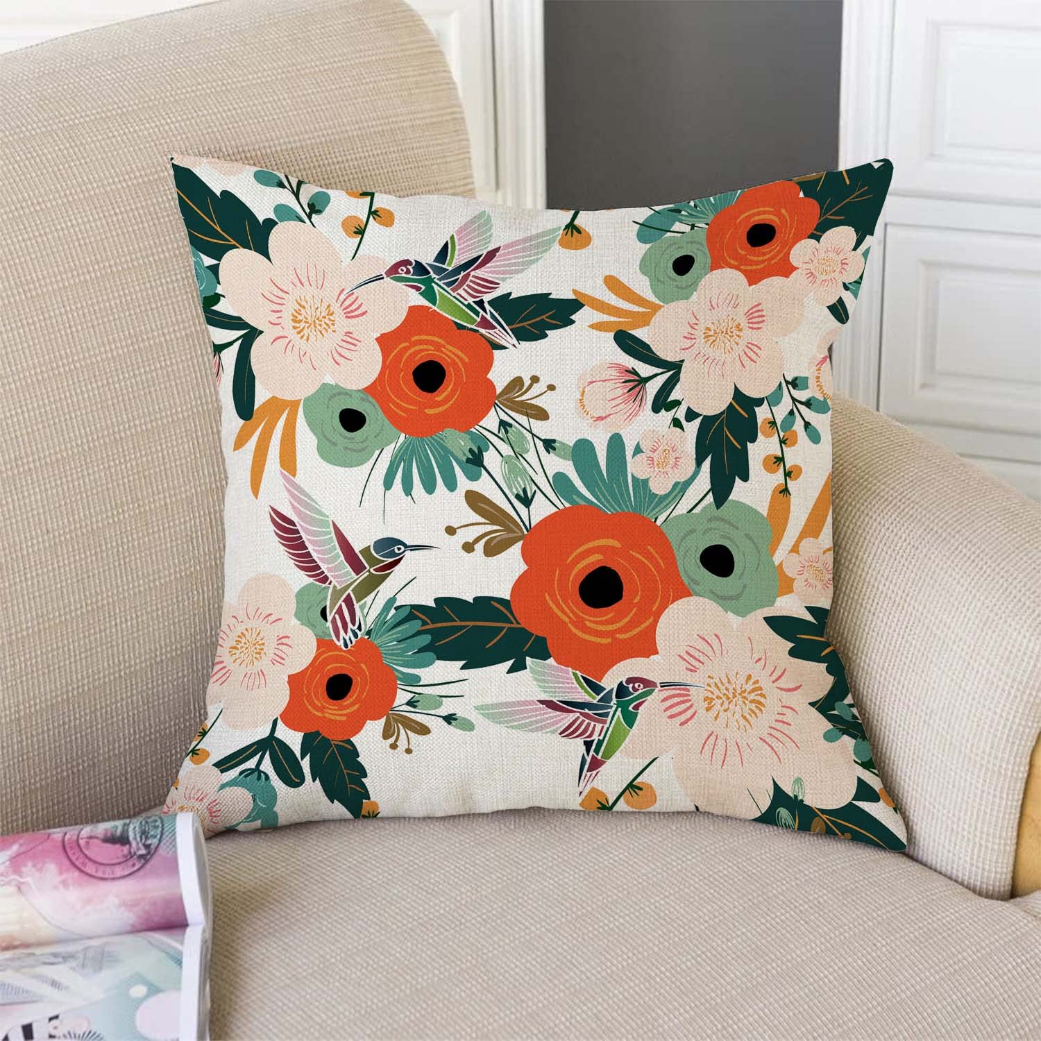 Federa Per Cuscino 30x50 Cm Con Colibrì E Fiori Tropicali - Cotone E Lino, Stampa Fronte Unico, Cerniera Invisibile