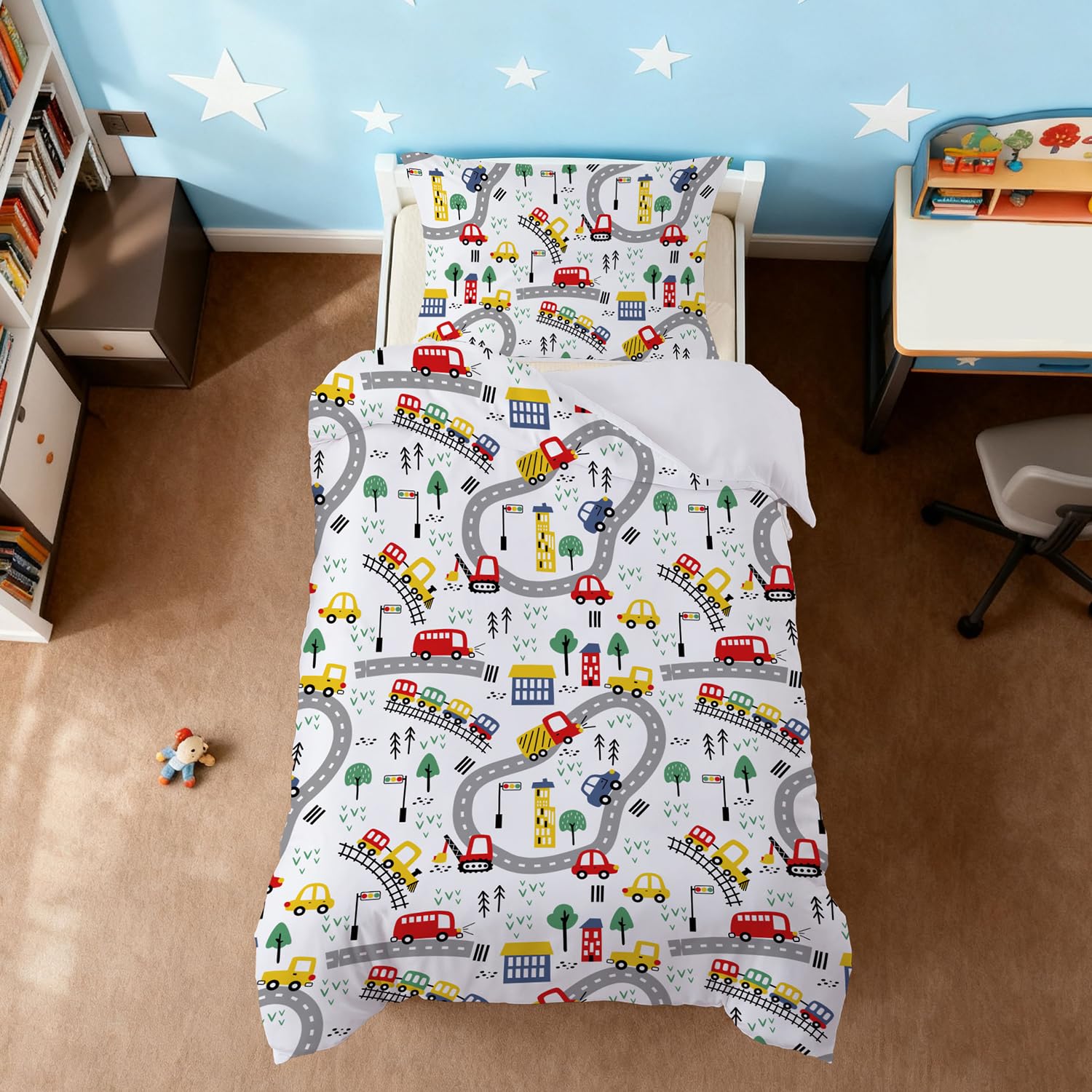 Snugoria Single Duvet Cover Set Cars Pattern Boys Bedding Single Colorful Vehicles Cranes Single Duvet Cover for Teens Bedding Quilt Cover Set 135x200 cm and Pillowcase 50x75 cm โ image 1