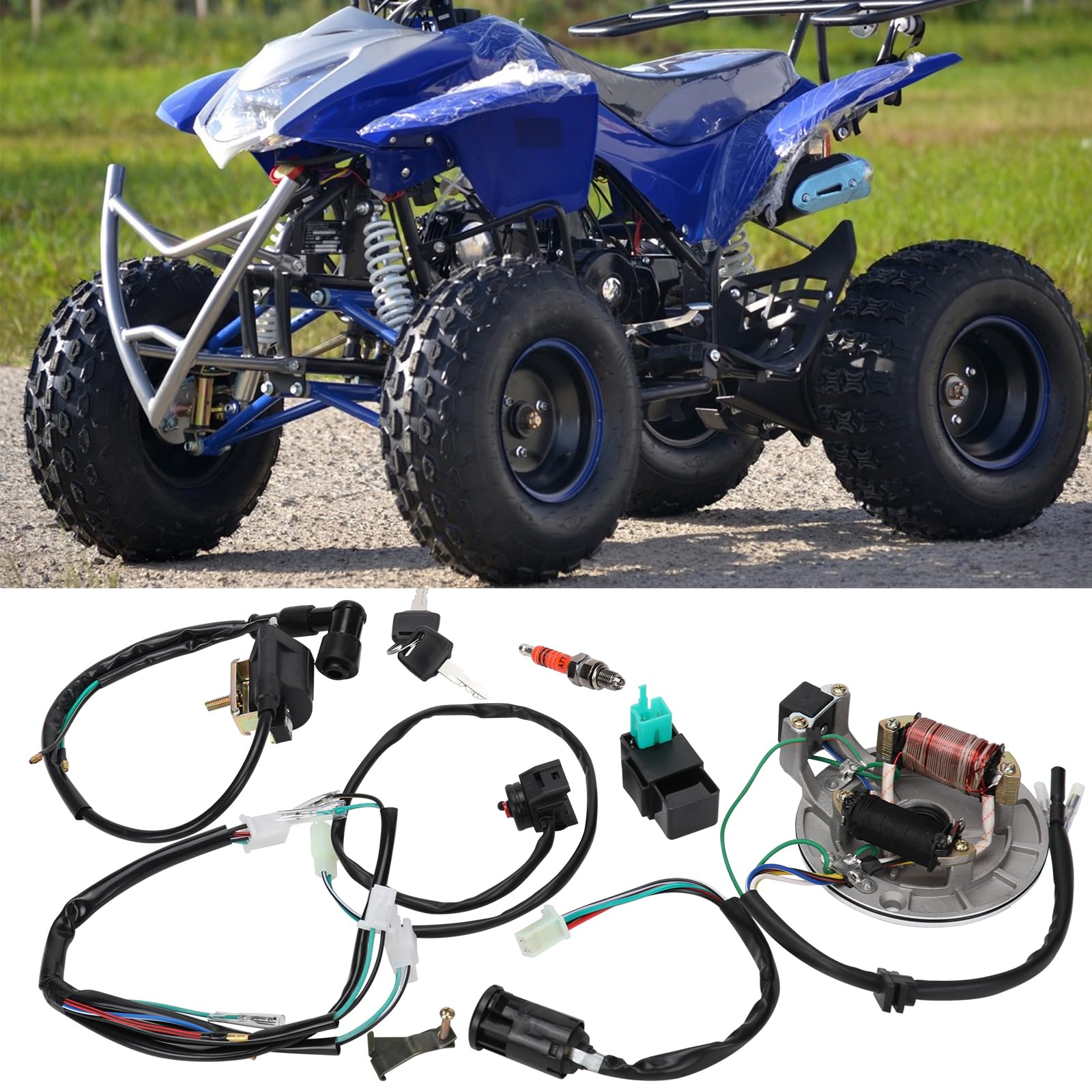 Bobina de Encendido CDI Bujía Cable Arnés Magneto Estator Kit, Magneto Estator Eléctrico Arnés de Cableado Relé Solenoide para 50cc -140cc Kick Start Dirt Pit Bike ATV
